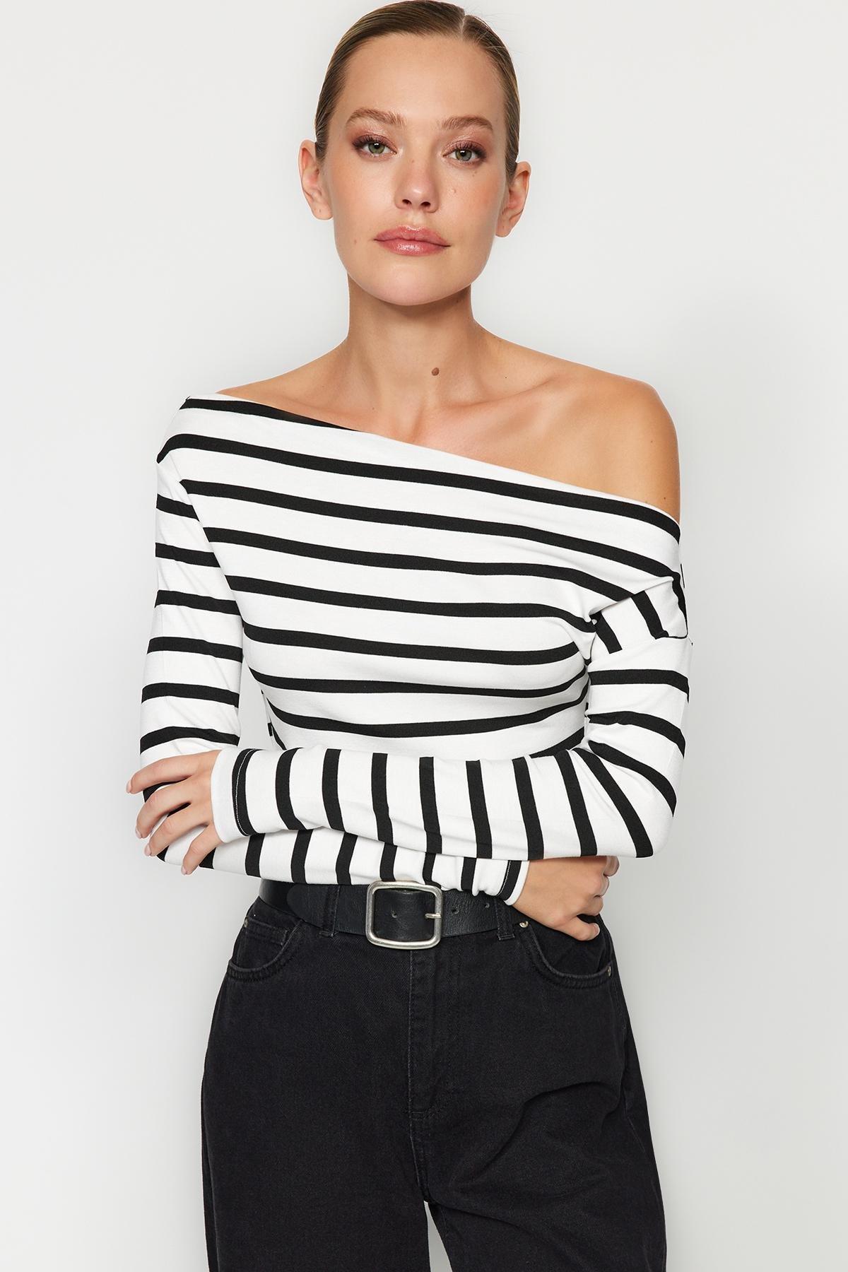 Multicolour Striped Boat Collar Knitted Blouse, , large image number 0