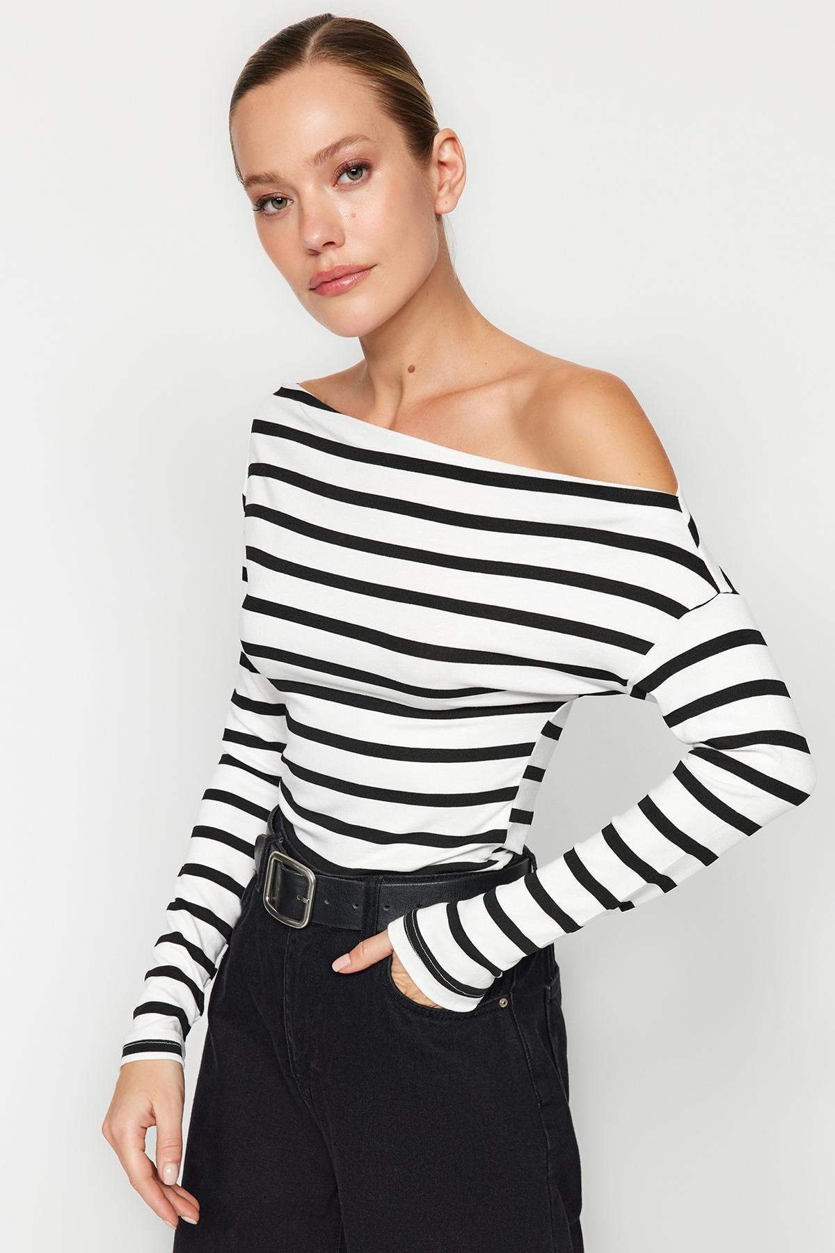 Multicolour Striped Boat Collar Knitted Blouse, , large image number 1