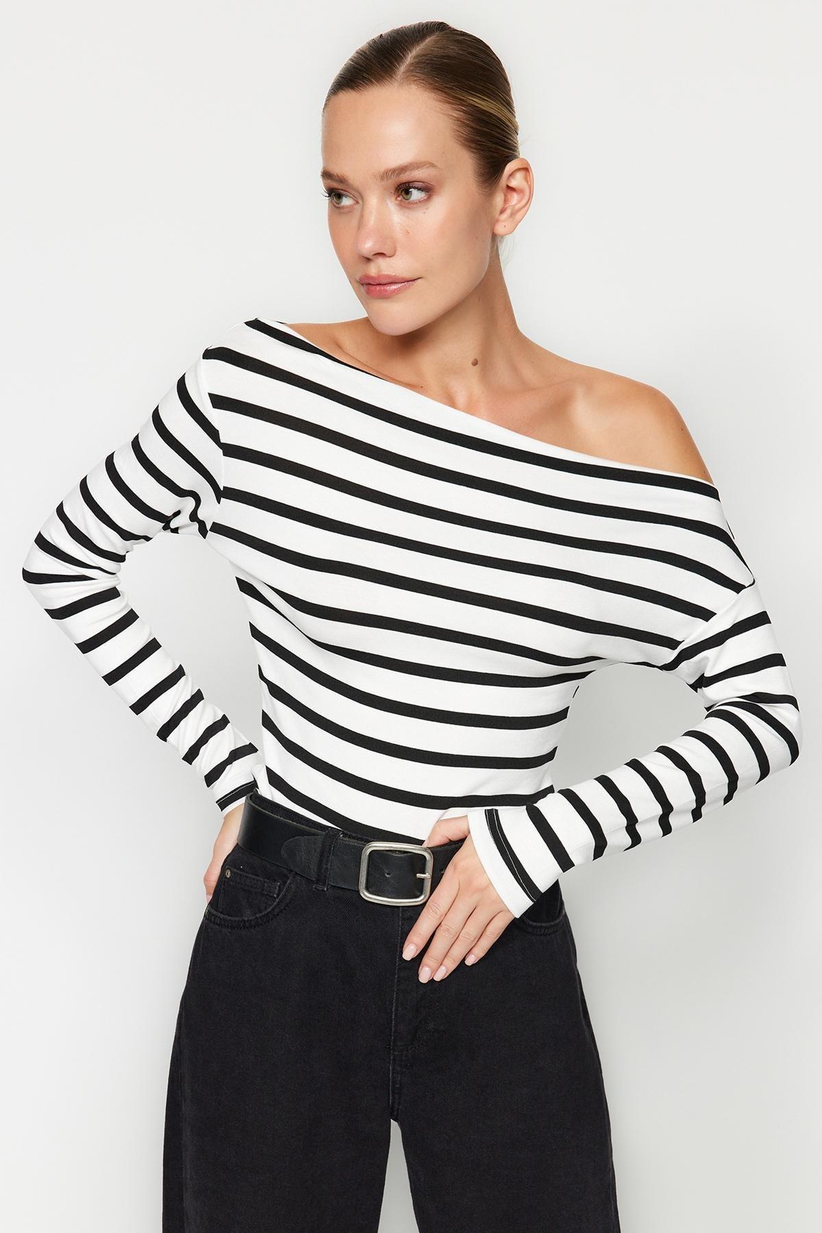Multicolour Striped Boat Collar Knitted Blouse, , large image number 2