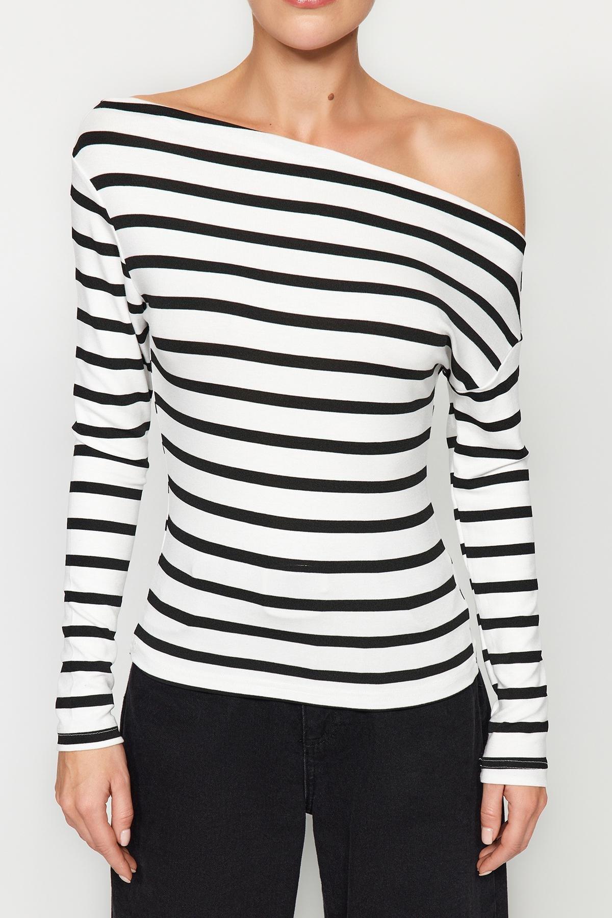 Multicolour Striped Boat Collar Knitted Blouse, , large image number 4