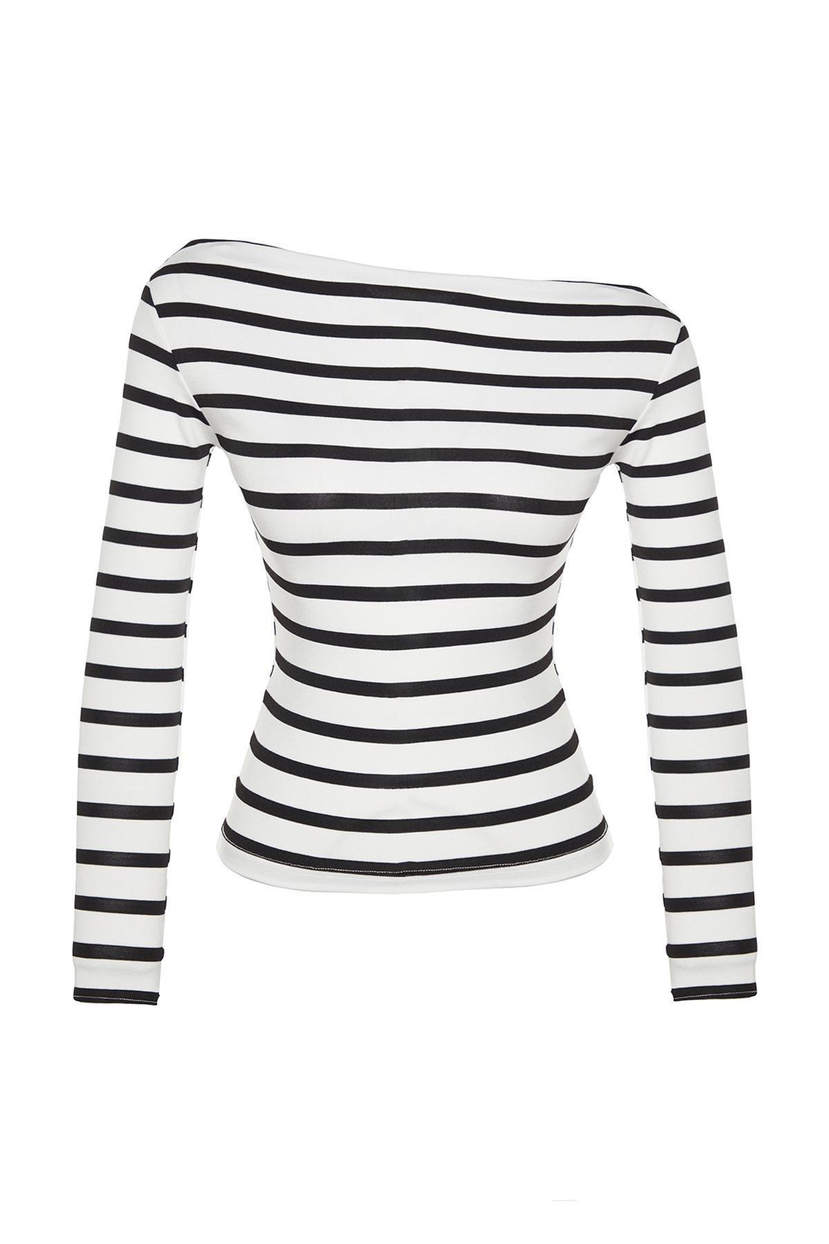 Multicolour Striped Boat Collar Knitted Blouse, , large image number 5