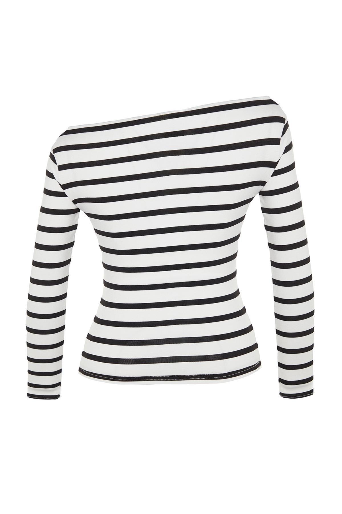 Multicolour Striped Boat Collar Knitted Blouse, , large image number 6