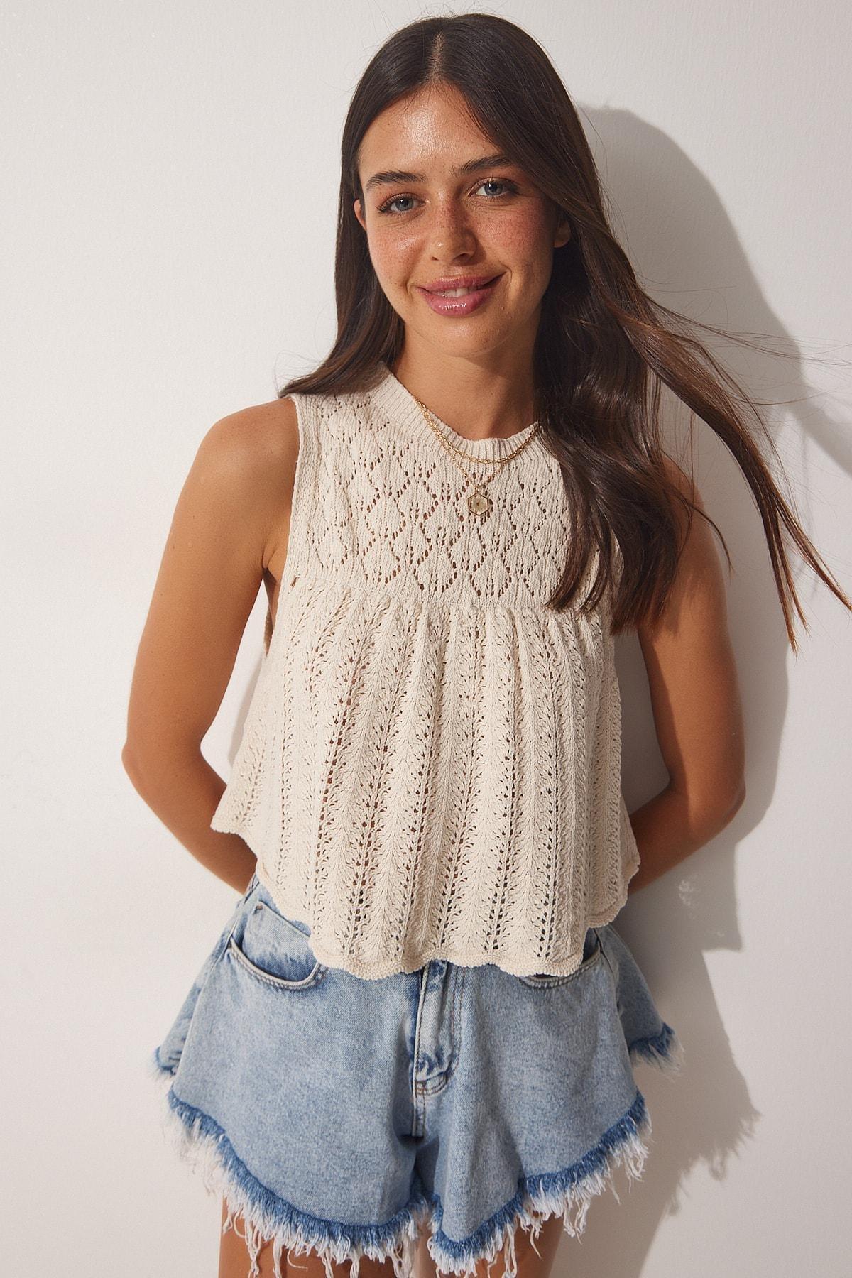 Happiness Istanbul - Cream Openwork Crop Knitwear Blouse