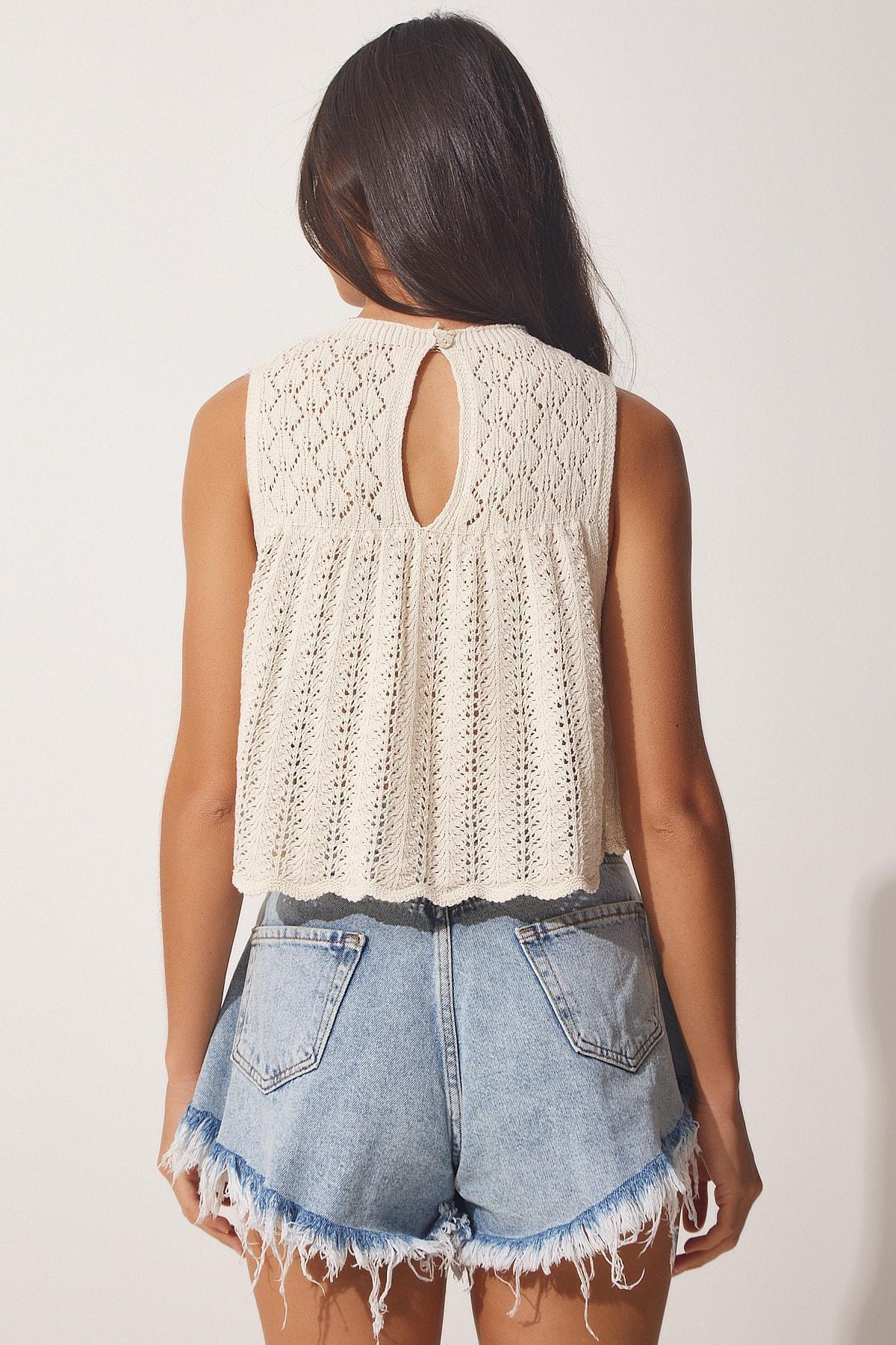 Cream Openwork Crop Knitwear Blouse, Cream, large image number 3