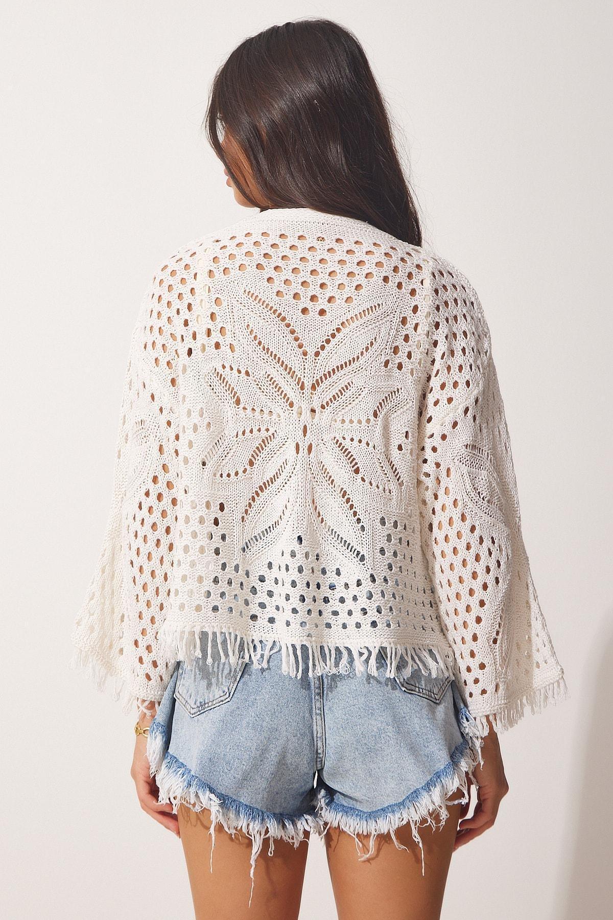Ecru Tassels And Openwork Cardigan, Ecru, large image number 2