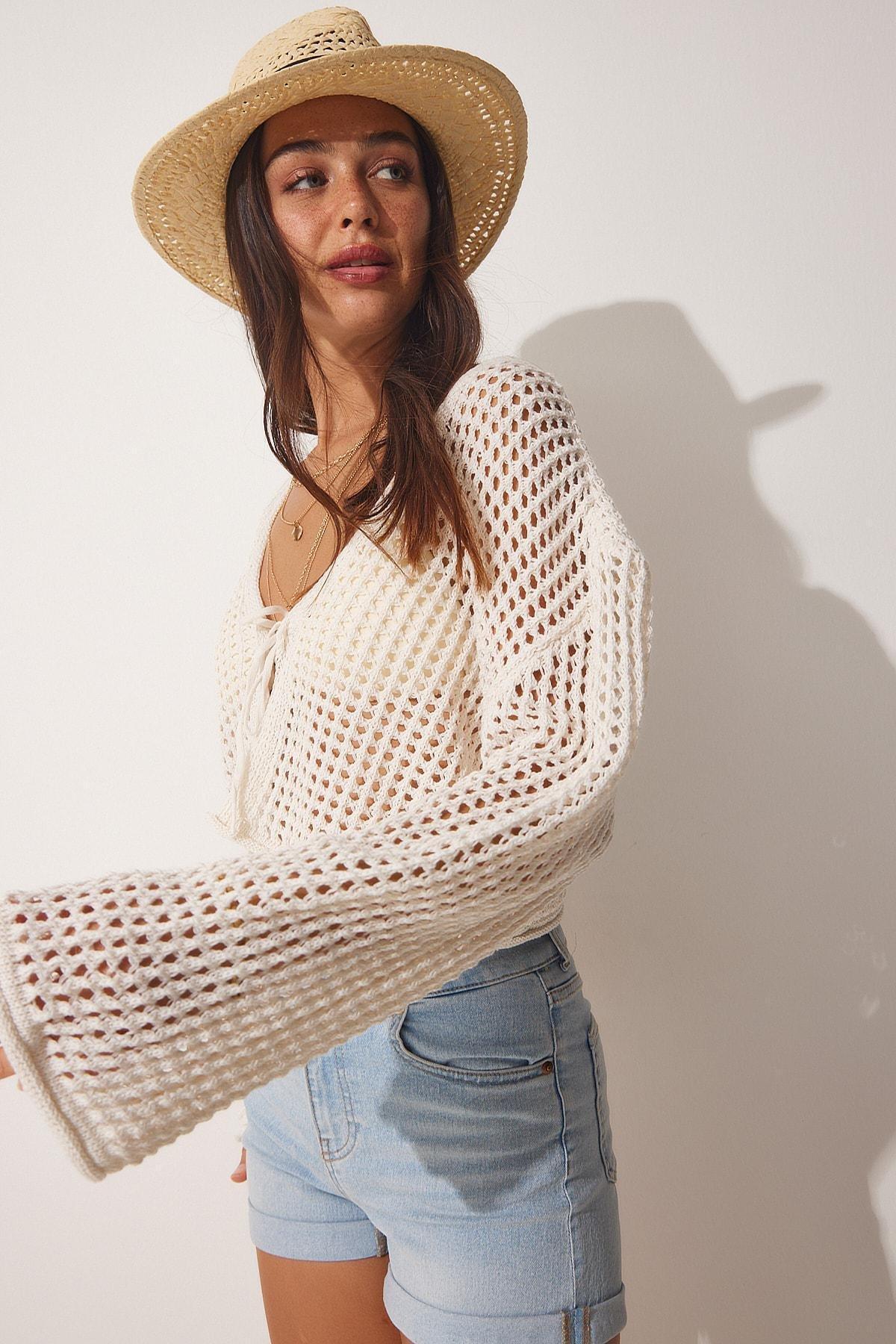 Ecru Openwork Cropped Bolero, Cream, large image number 3