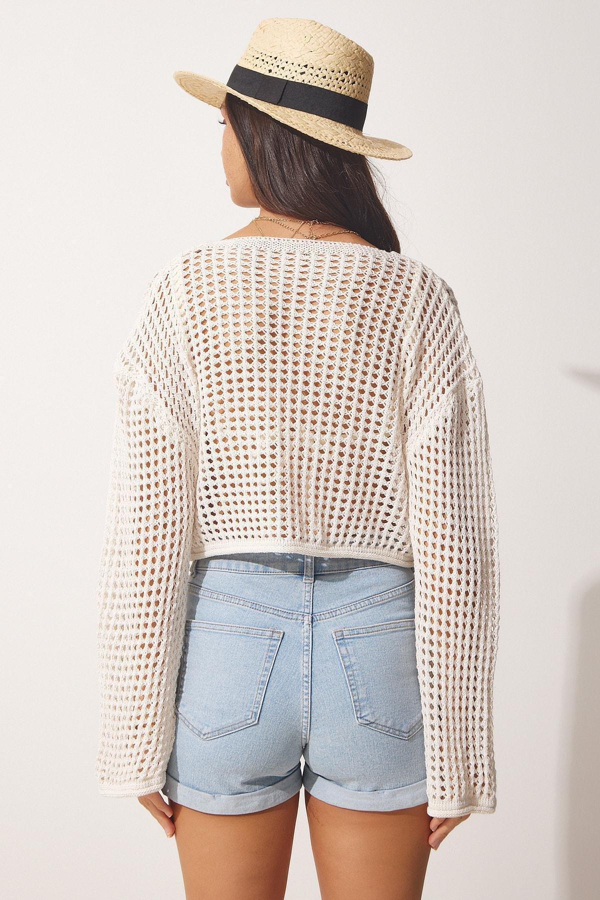 Ecru Openwork Cropped Bolero, Cream, large image number 4
