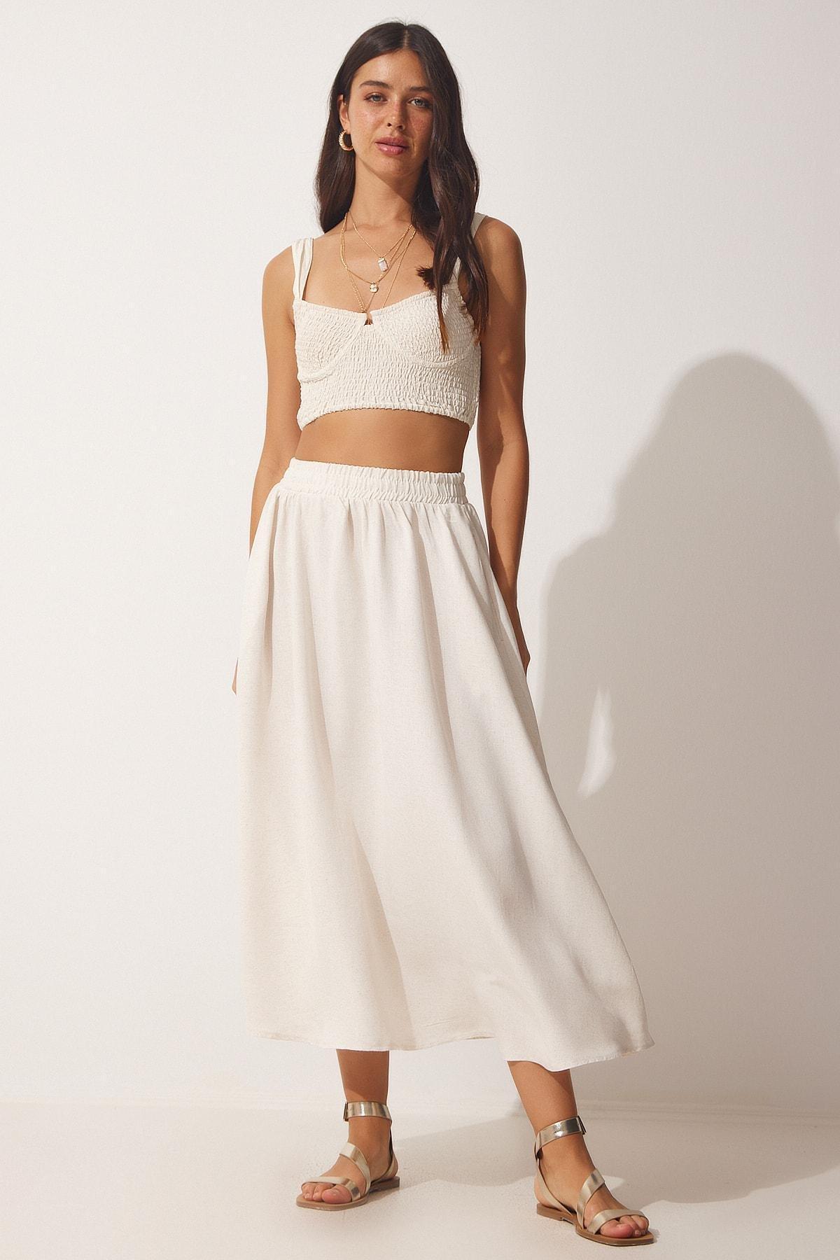 Beige Midi Skirt, Cream, large image number 0
