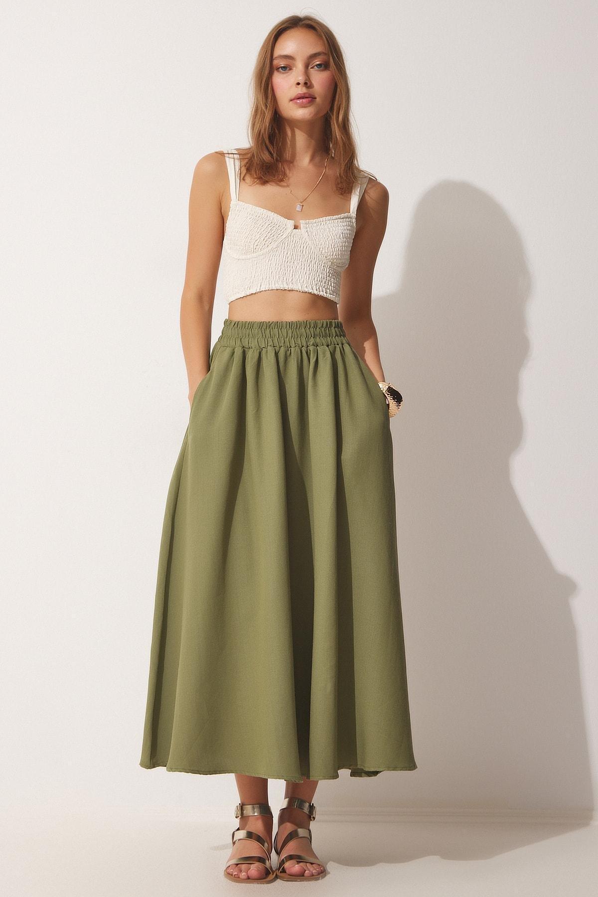 Khaki Pocket Linen Flared Skirt, , large image number 0