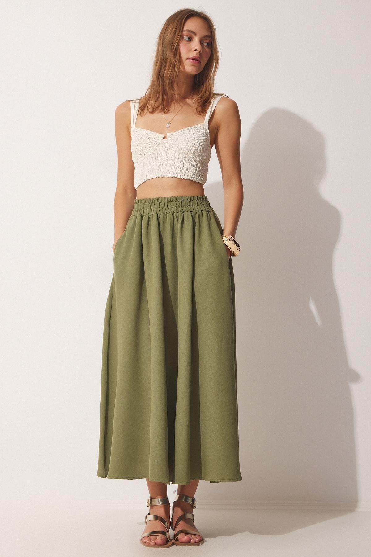 Khaki Pocket Linen Flared Skirt, , large image number 1