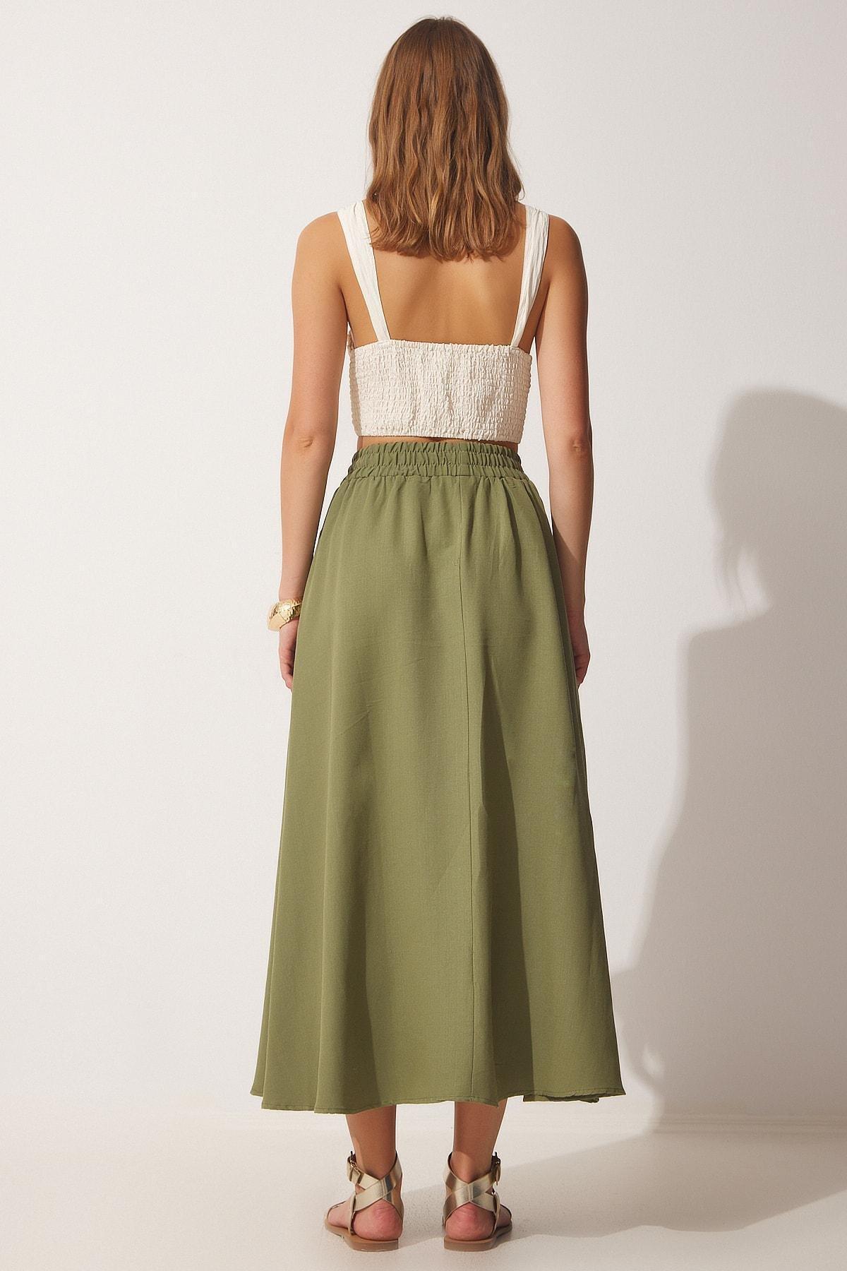 Khaki Pocket Linen Flared Skirt, , large image number 2
