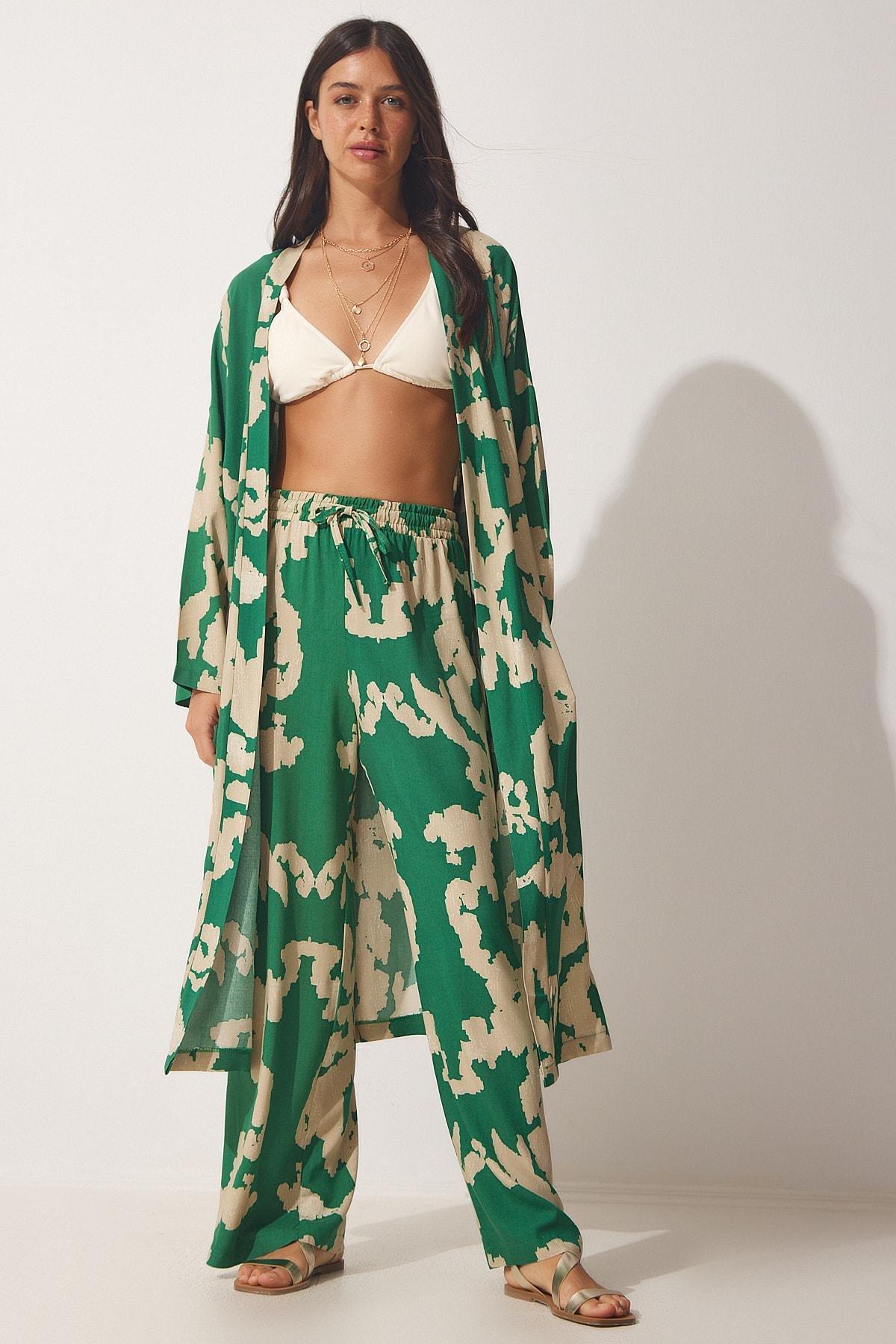 Happiness Istanbul - Green Patterned Kimono Co-Ord Set