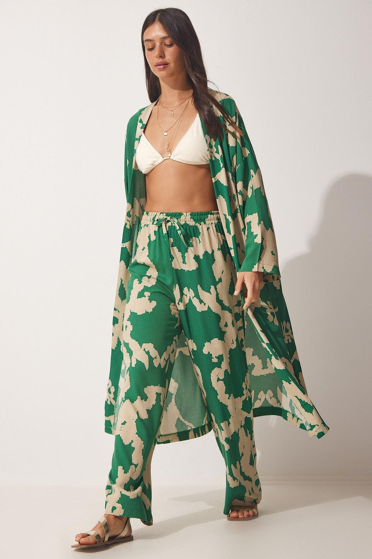 Happiness Istanbul - Green Patterned Kimono Co-Ord Set