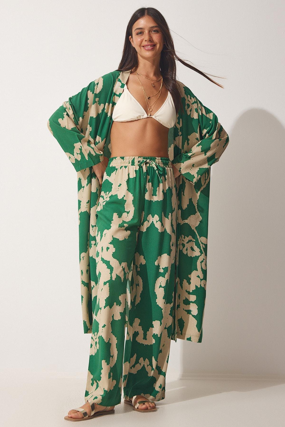 Happiness Istanbul - Green Patterned Kimono Co-Ord Set