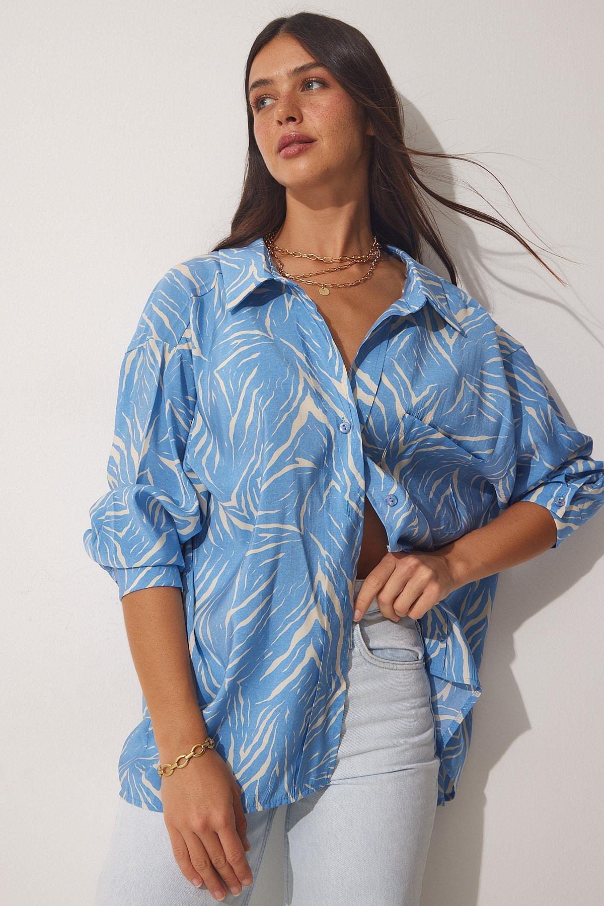 Blue Printed Oversize Shirt, Sky Blue Ecru, large image number 0