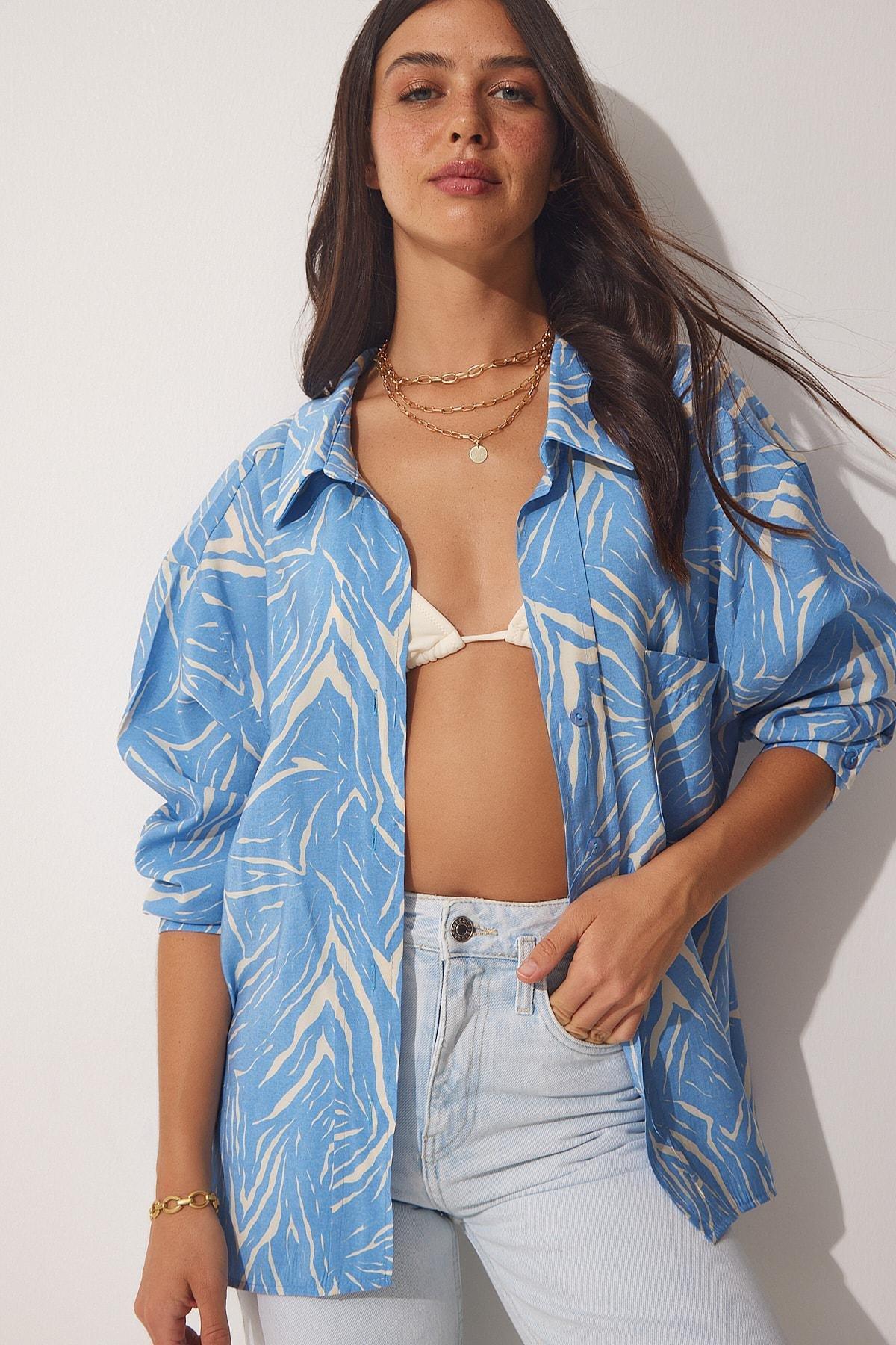 Blue Printed Oversize Shirt, Sky Blue Ecru, large image number 1