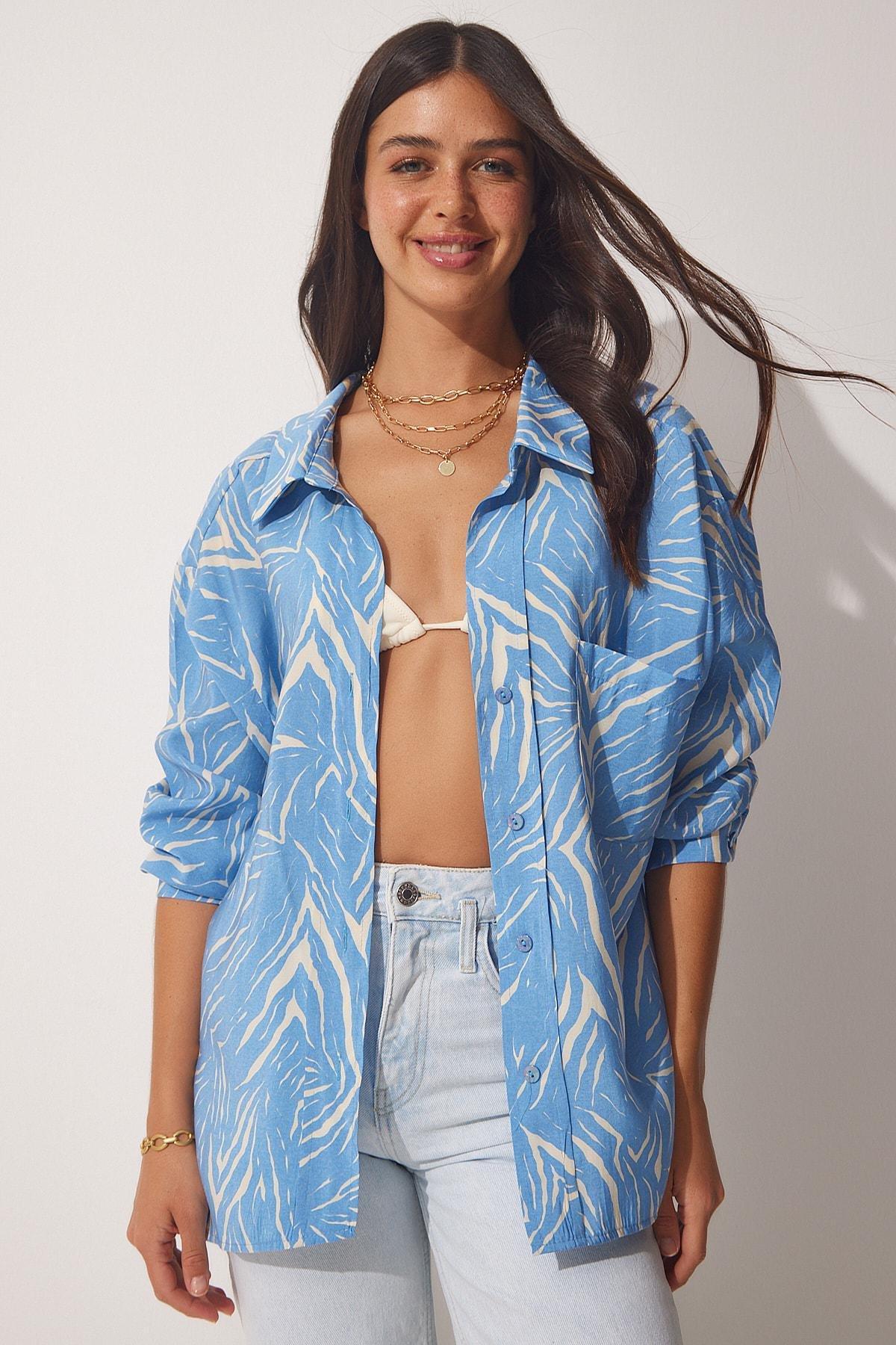 Blue Printed Oversize Shirt, Sky Blue Ecru, large image number 2