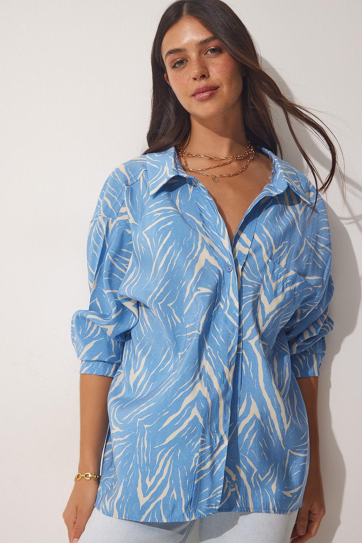 Blue Printed Oversize Shirt, Sky Blue Ecru, large image number 3
