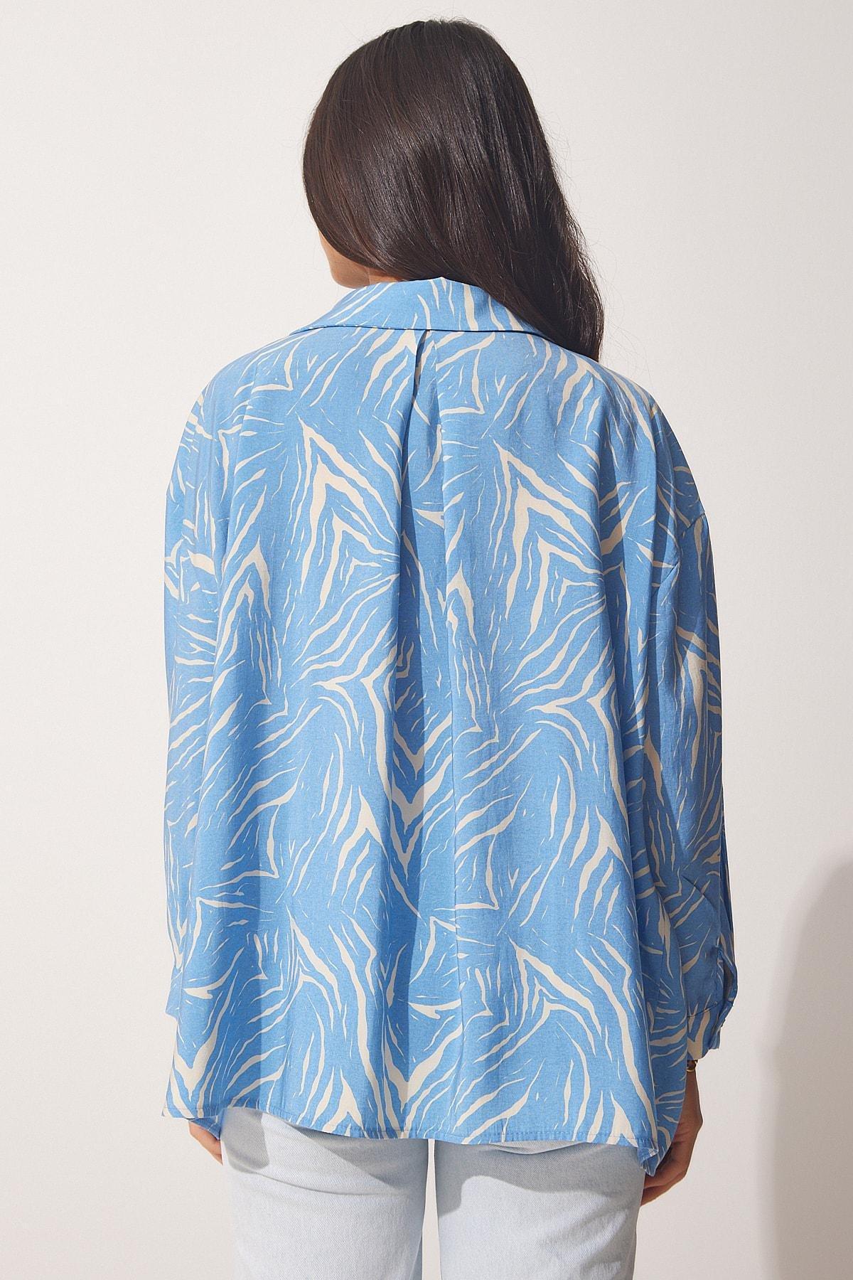 Blue Printed Oversize Shirt, Sky Blue Ecru, large image number 4