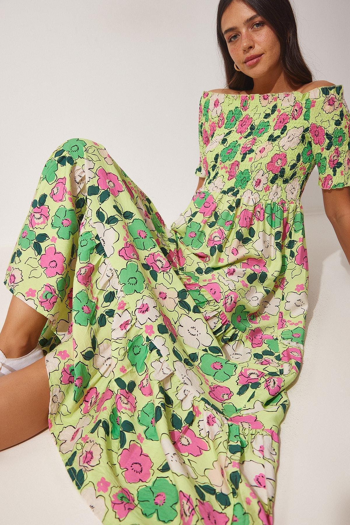 Happiness Istanbul - Green Floral A-Line Dress