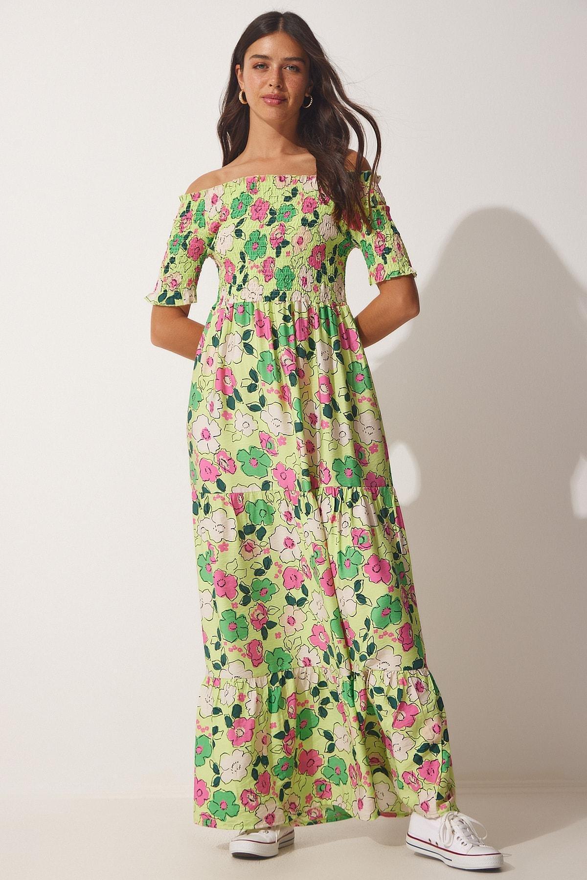 Green Floral A-Line Dress, Green Fuchsia, large image number 1