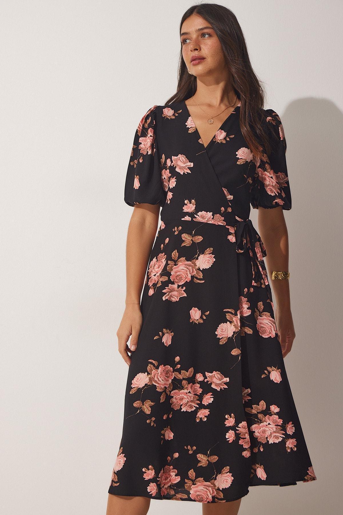 Black V-Neck Wrapover Dress, Black Pink, large image number 0