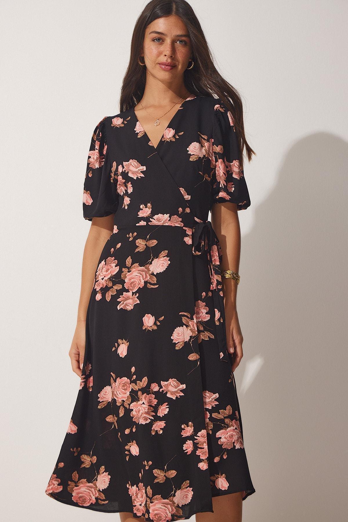Black V-Neck Wrapover Dress, Black Pink, large image number 1