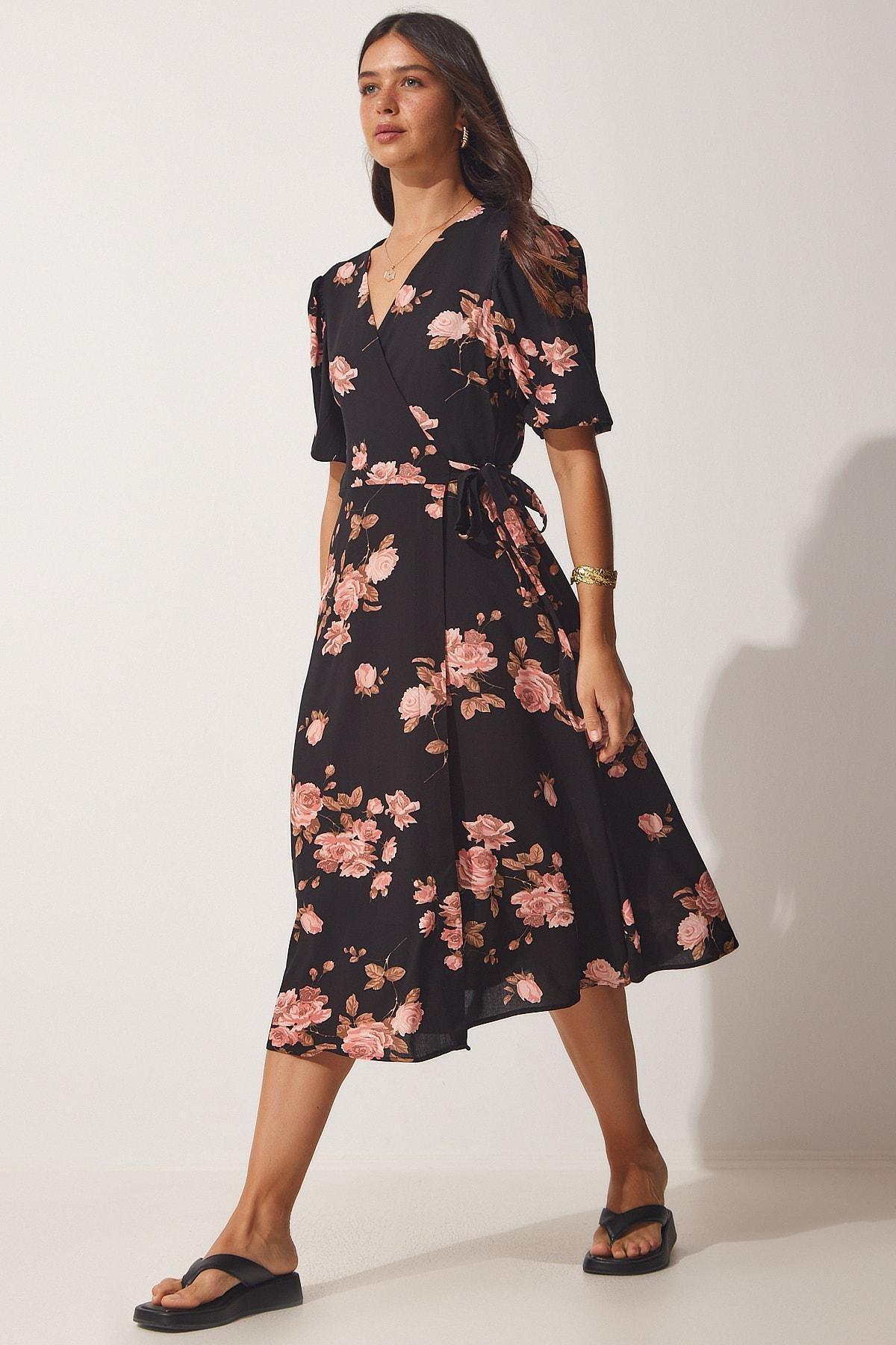Black V-Neck Wrapover Dress, Black Pink, large image number 2