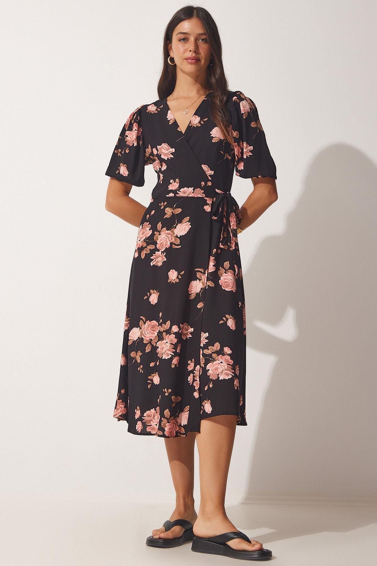 Black V-Neck Wrapover Dress, Black Pink, large image number 3