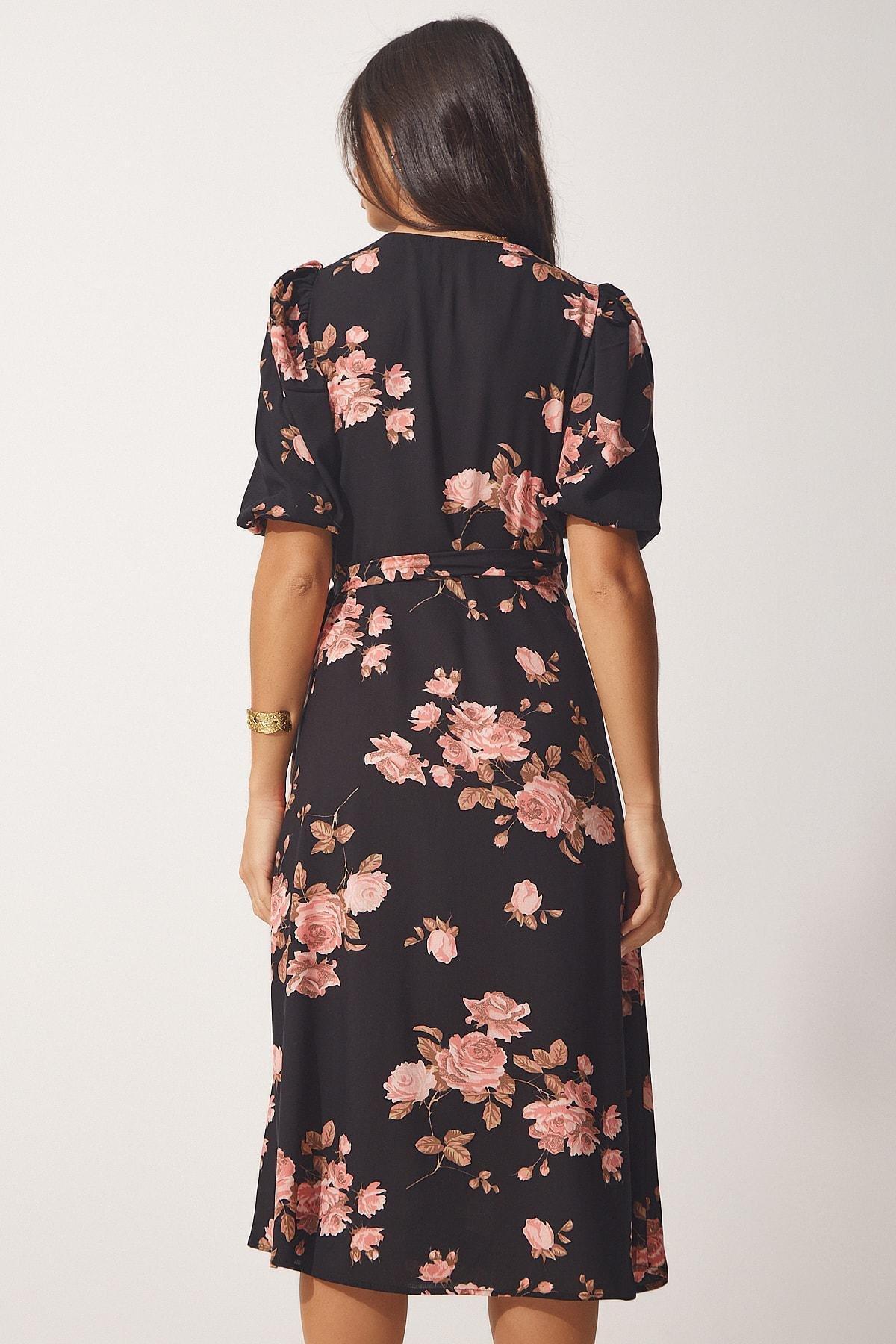 Black V-Neck Wrapover Dress, Black Pink, large image number 4