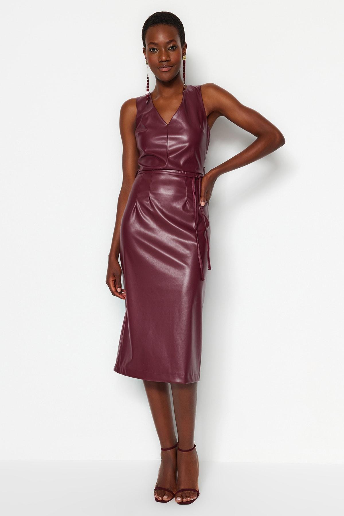 Red Faux Leather Midi Dress, , large image number 0