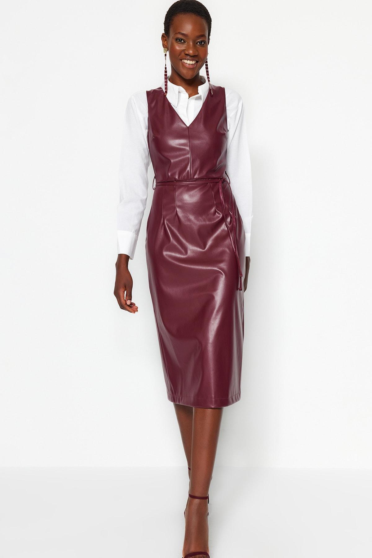 Red Faux Leather Midi Dress, , large image number 1