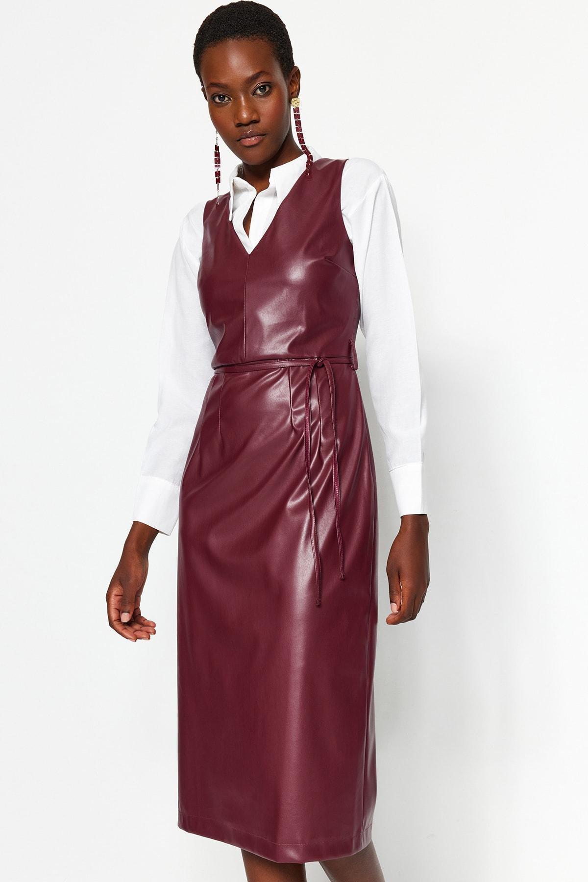Red Faux Leather Midi Dress, , large image number 2