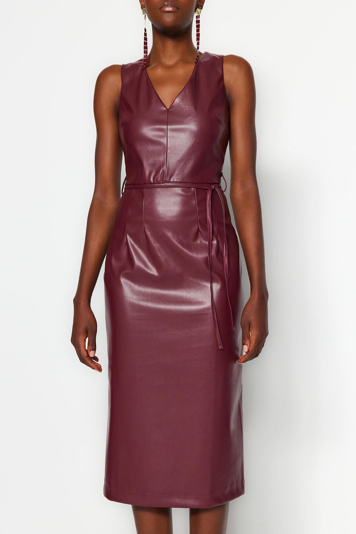 Red Faux Leather Midi Dress, , large image number 3