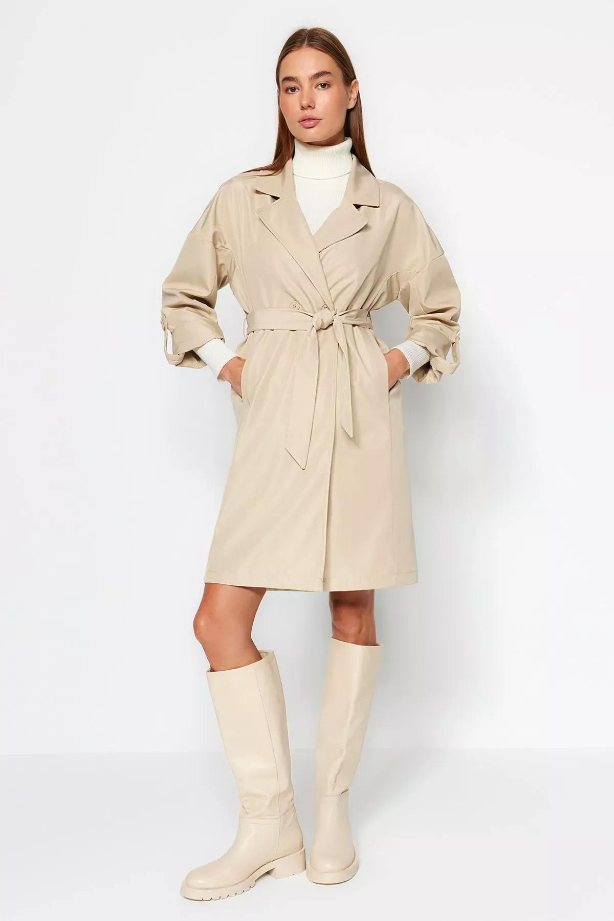 Beige Water Repellent Long Trench Coat, Beige, large image number 1