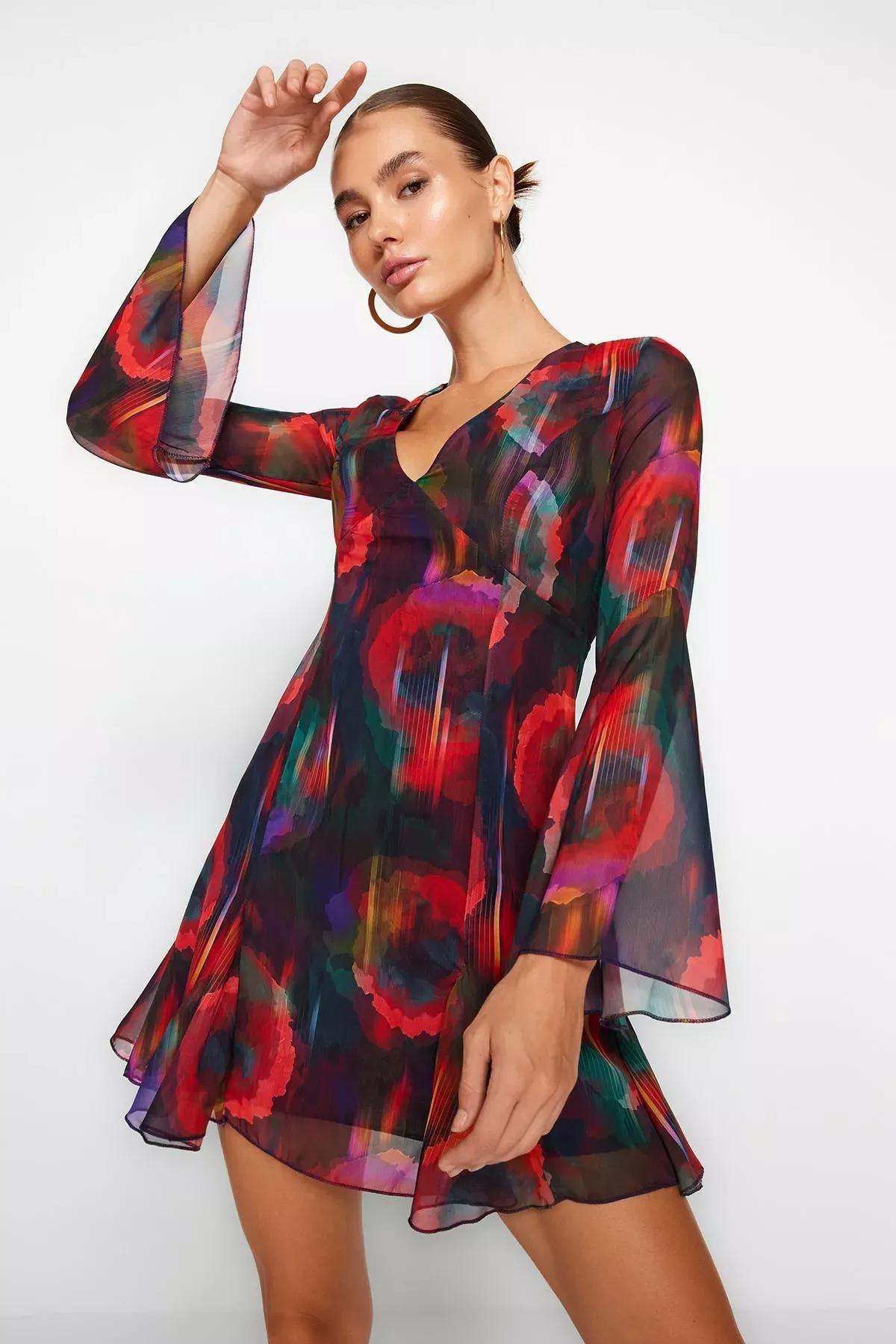 Multicolour Lined Chiffon Elegant Evening Dress, , large image number 1