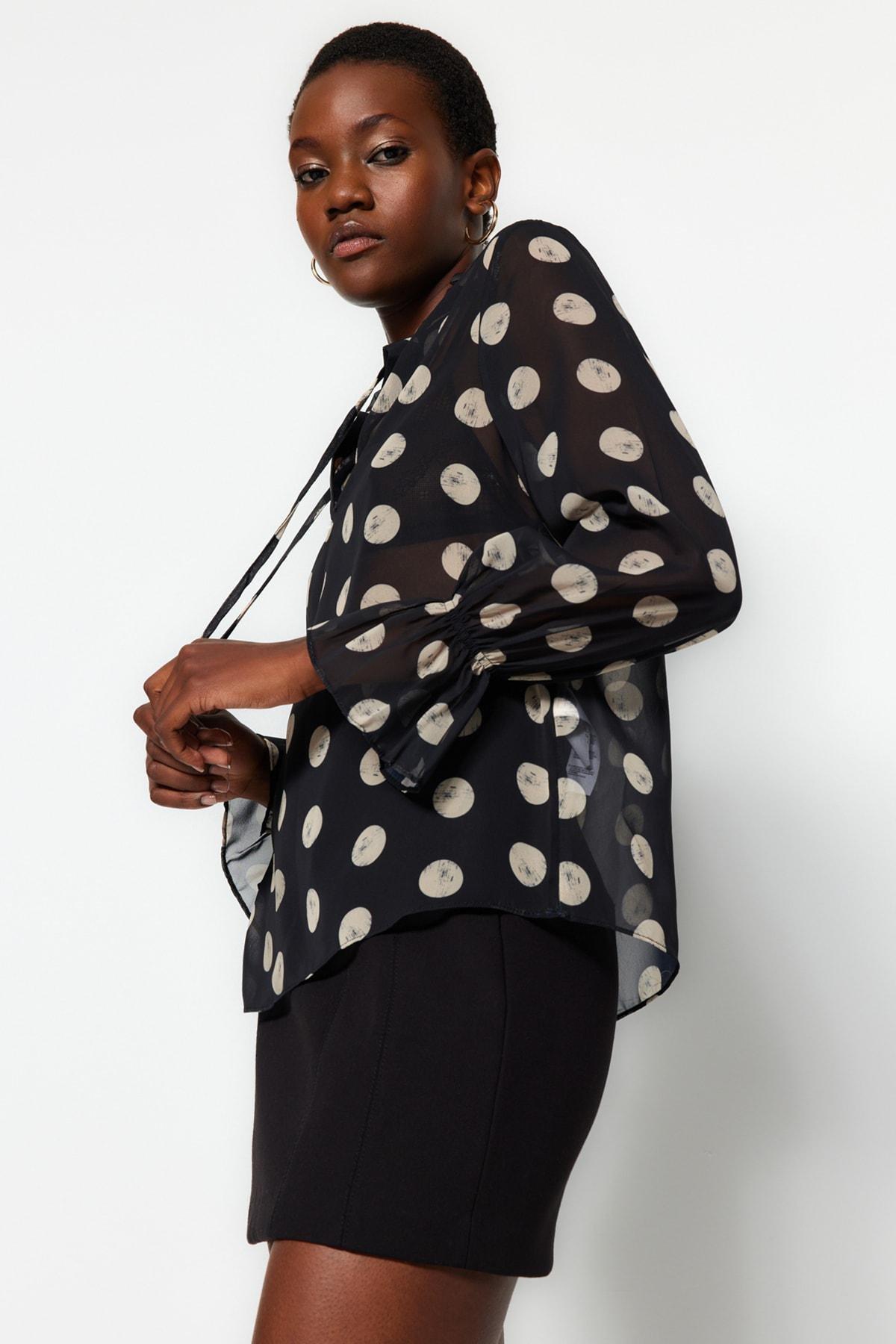 Black Polka Dot Sheer Woven Blouse, , large image number 0