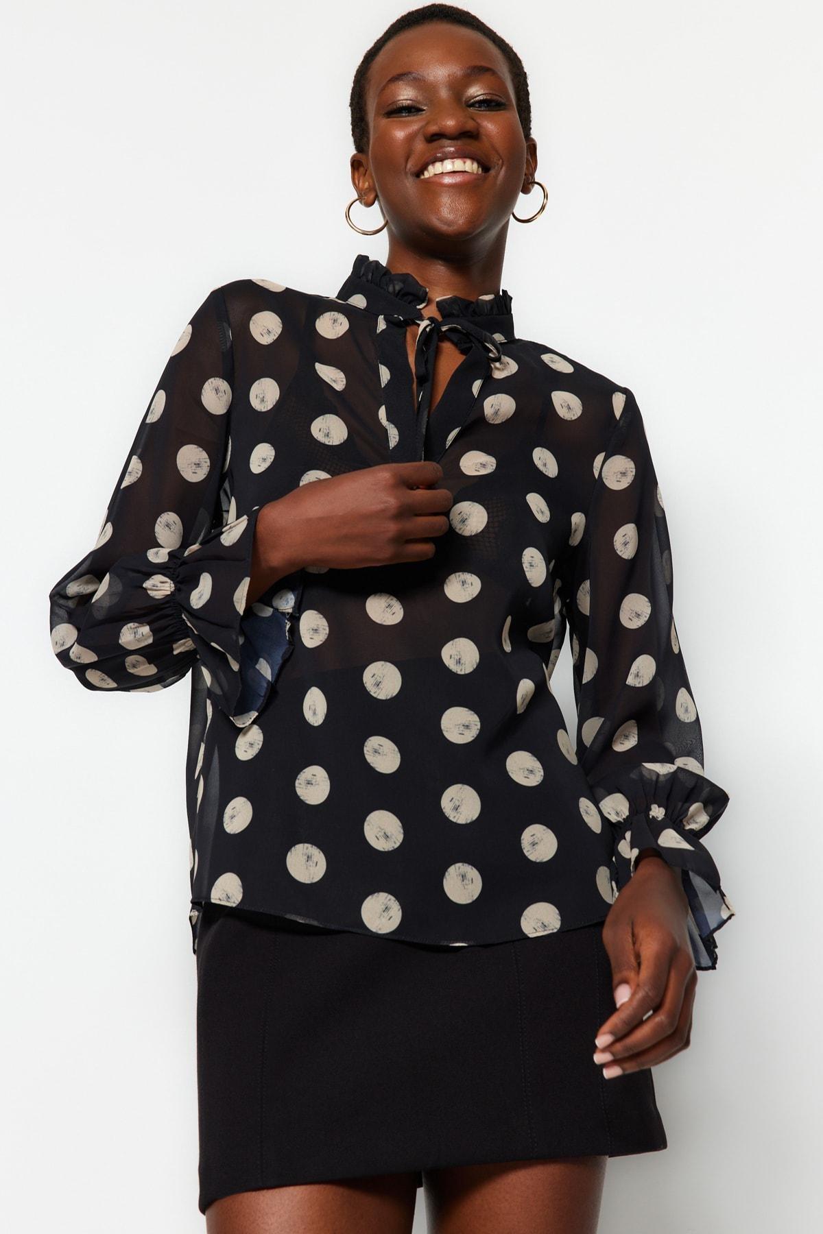 Black Polka Dot Sheer Woven Blouse, , large image number 1