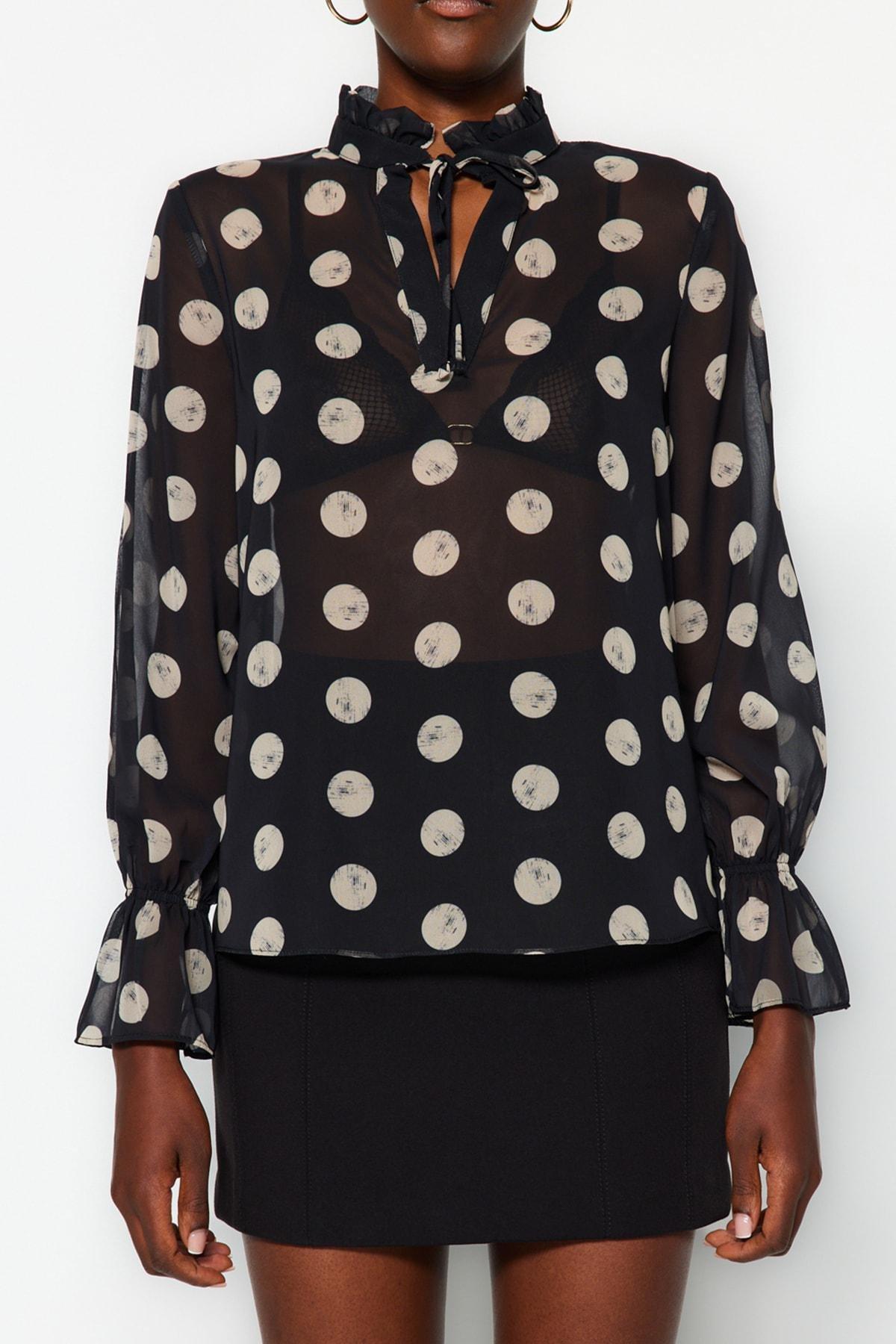 Black Polka Dot Sheer Woven Blouse, , large image number 2