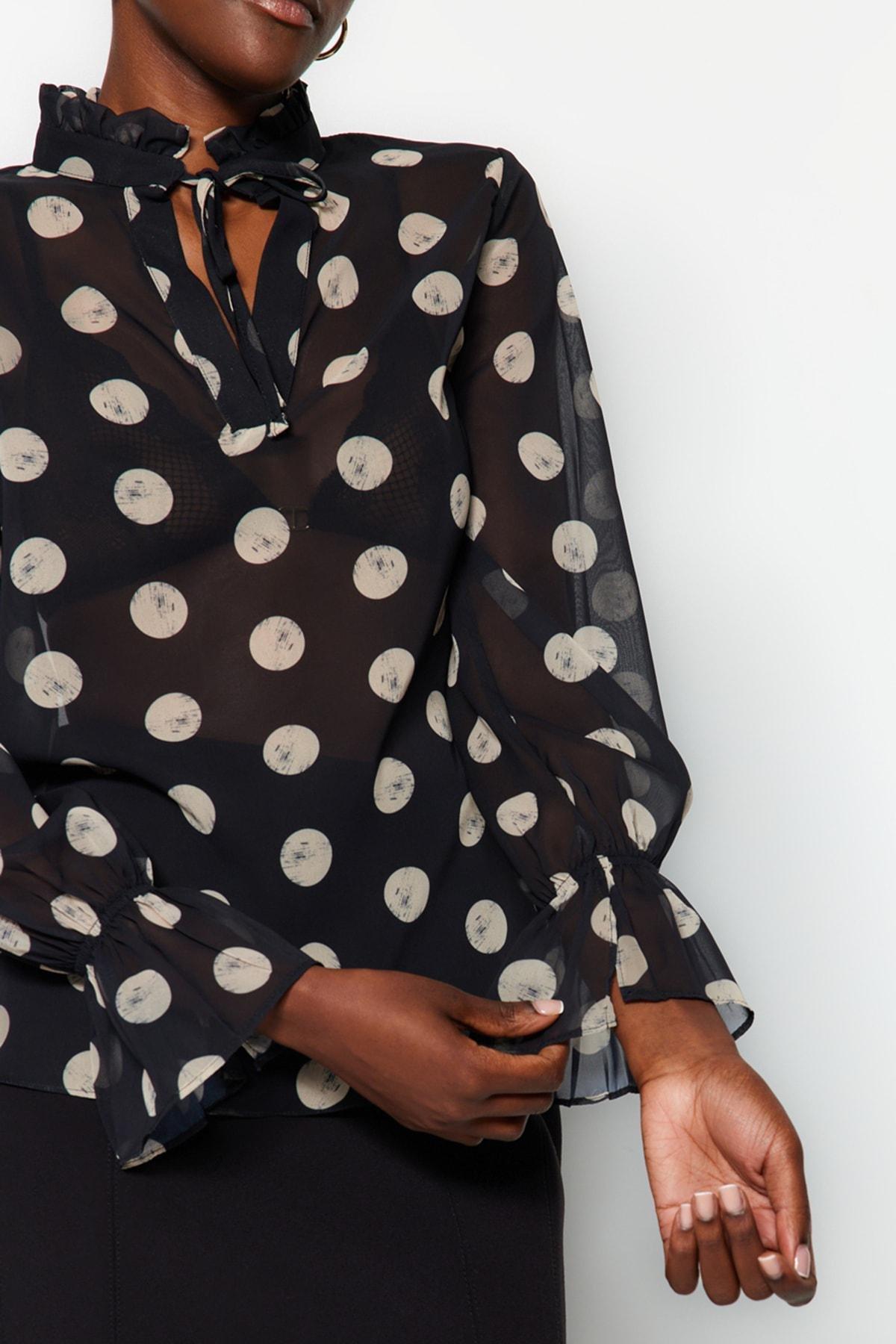 Black Polka Dot Sheer Woven Blouse, , large image number 4