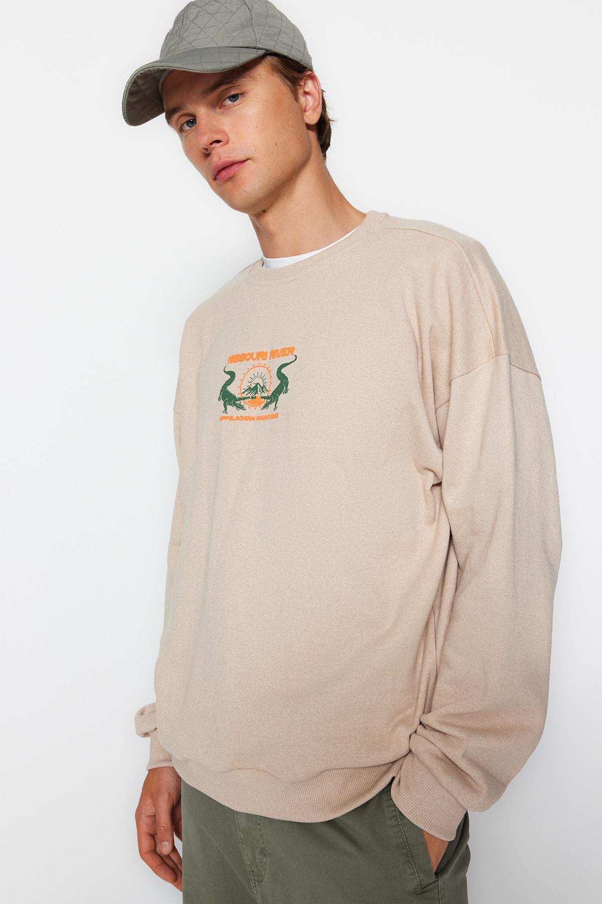 Trendyol - Beige Oversize Animal Print Sweatshirt