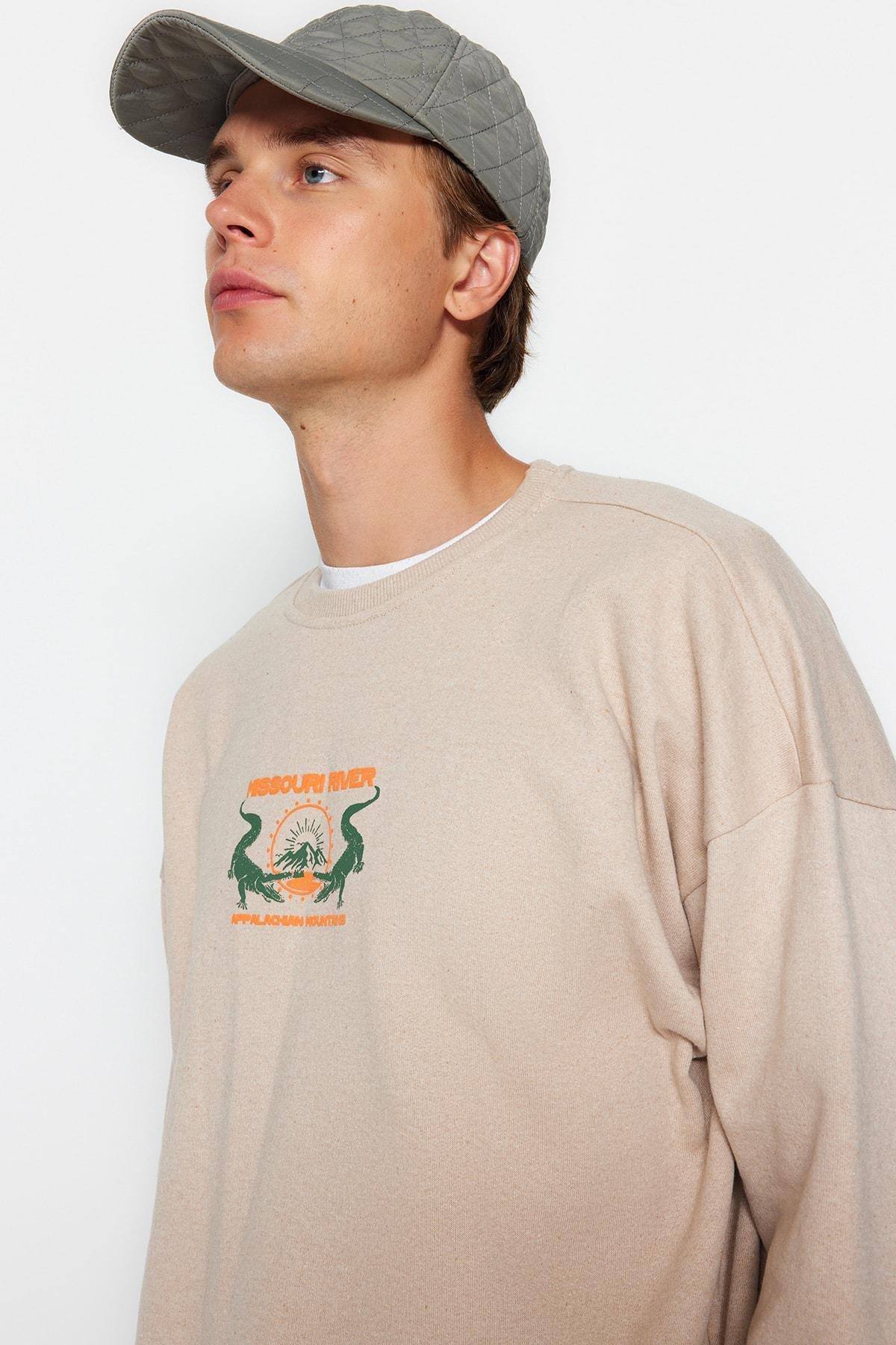 Trendyol - Beige Oversize Animal Print Sweatshirt
