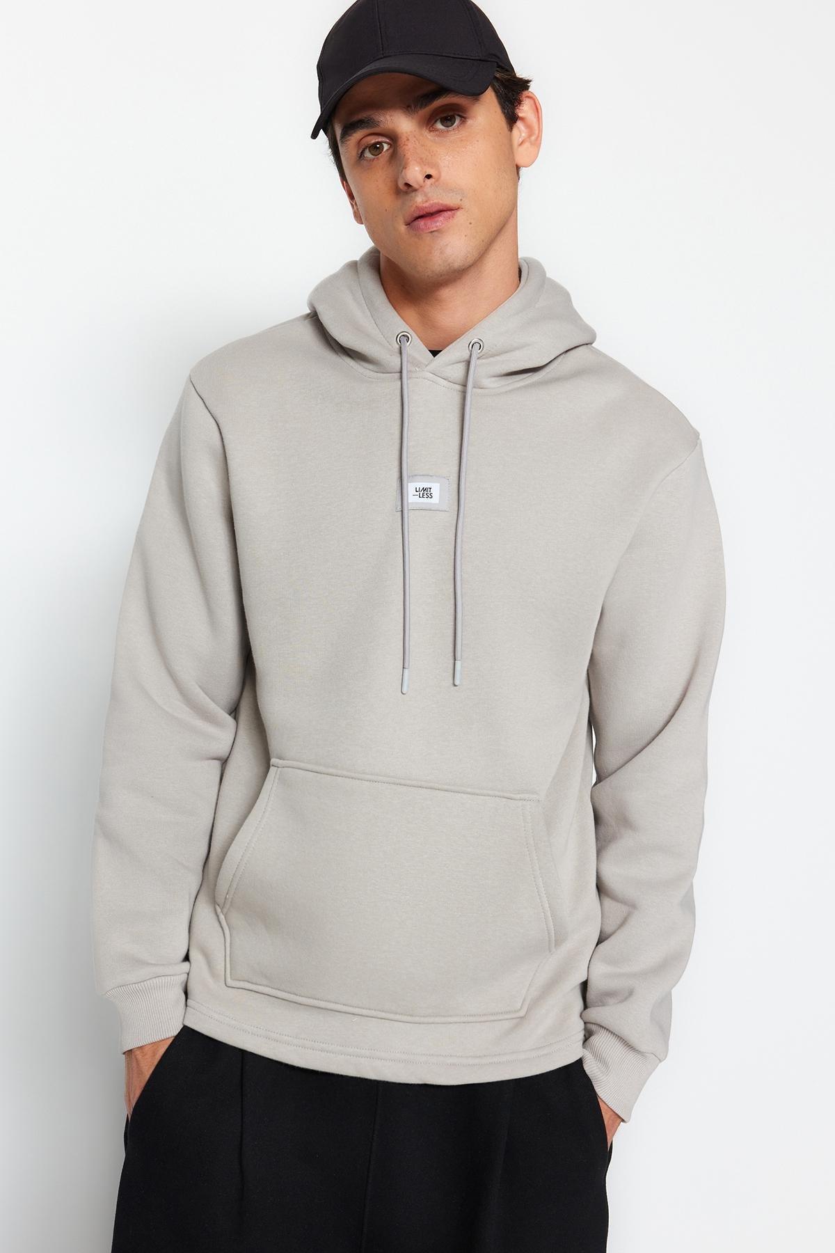 Trendyol - Grey Hooded Long-Sleeve Sweatshirt