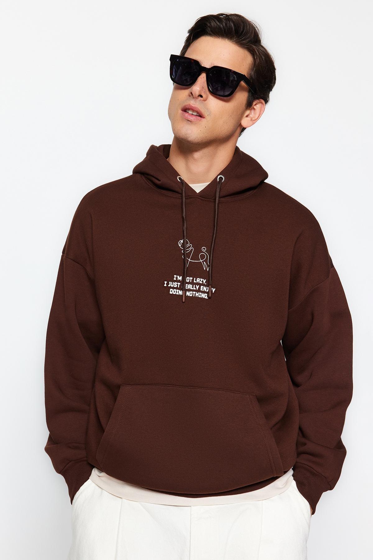 Brown Oversize Animal Printed Hoodie, , medium