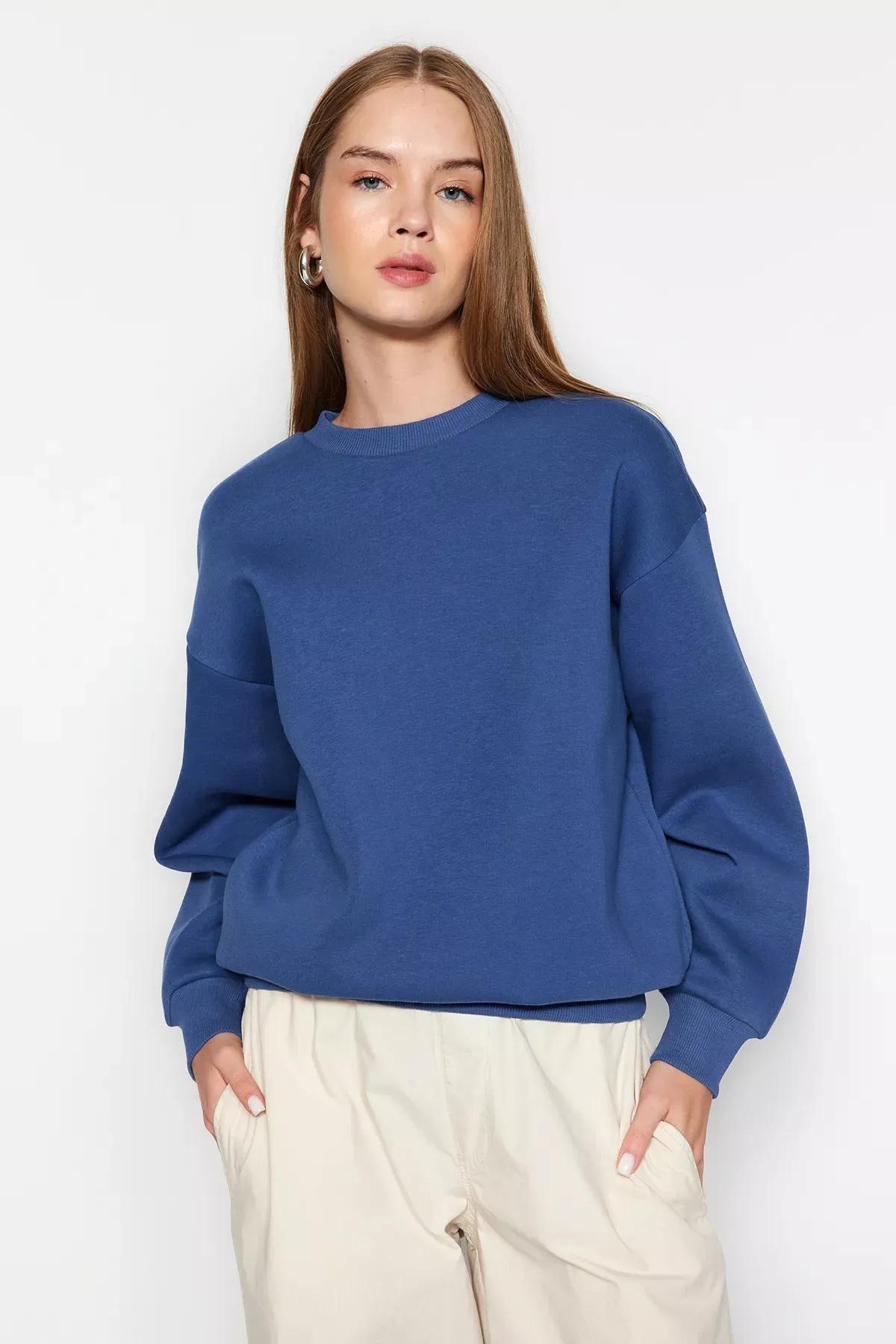 Blue Crew Neck Knitted Sweatshirt, Indigo, large image number 0
