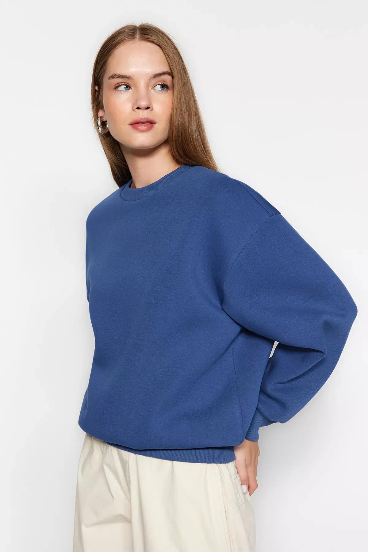Blue Crew Neck Knitted Sweatshirt, Indigo, large image number 1