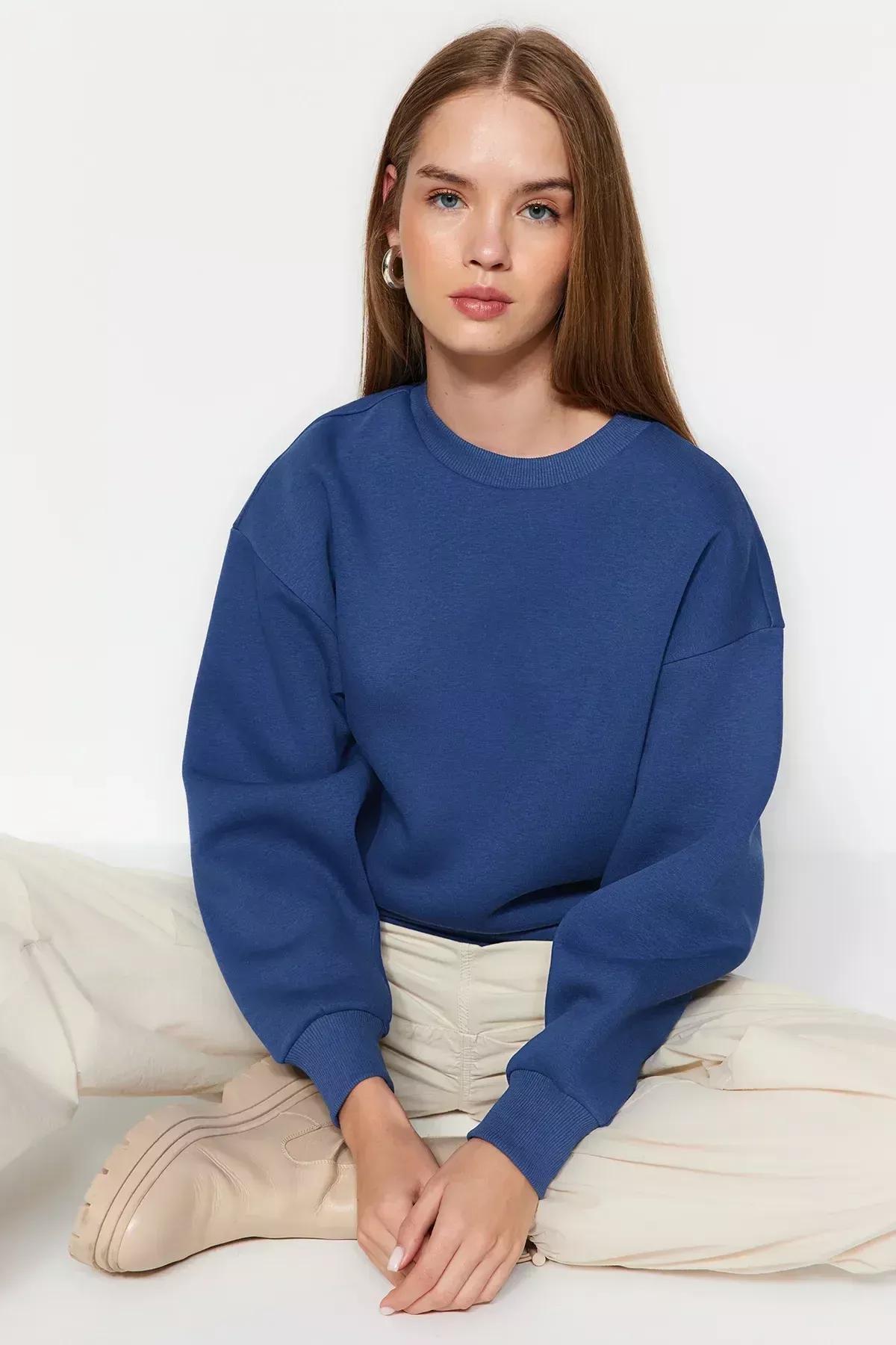 Blue Crew Neck Knitted Sweatshirt, Indigo, large image number 2