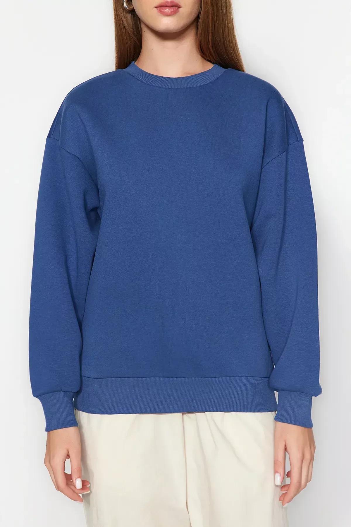 Blue Crew Neck Knitted Sweatshirt, Indigo, large image number 3