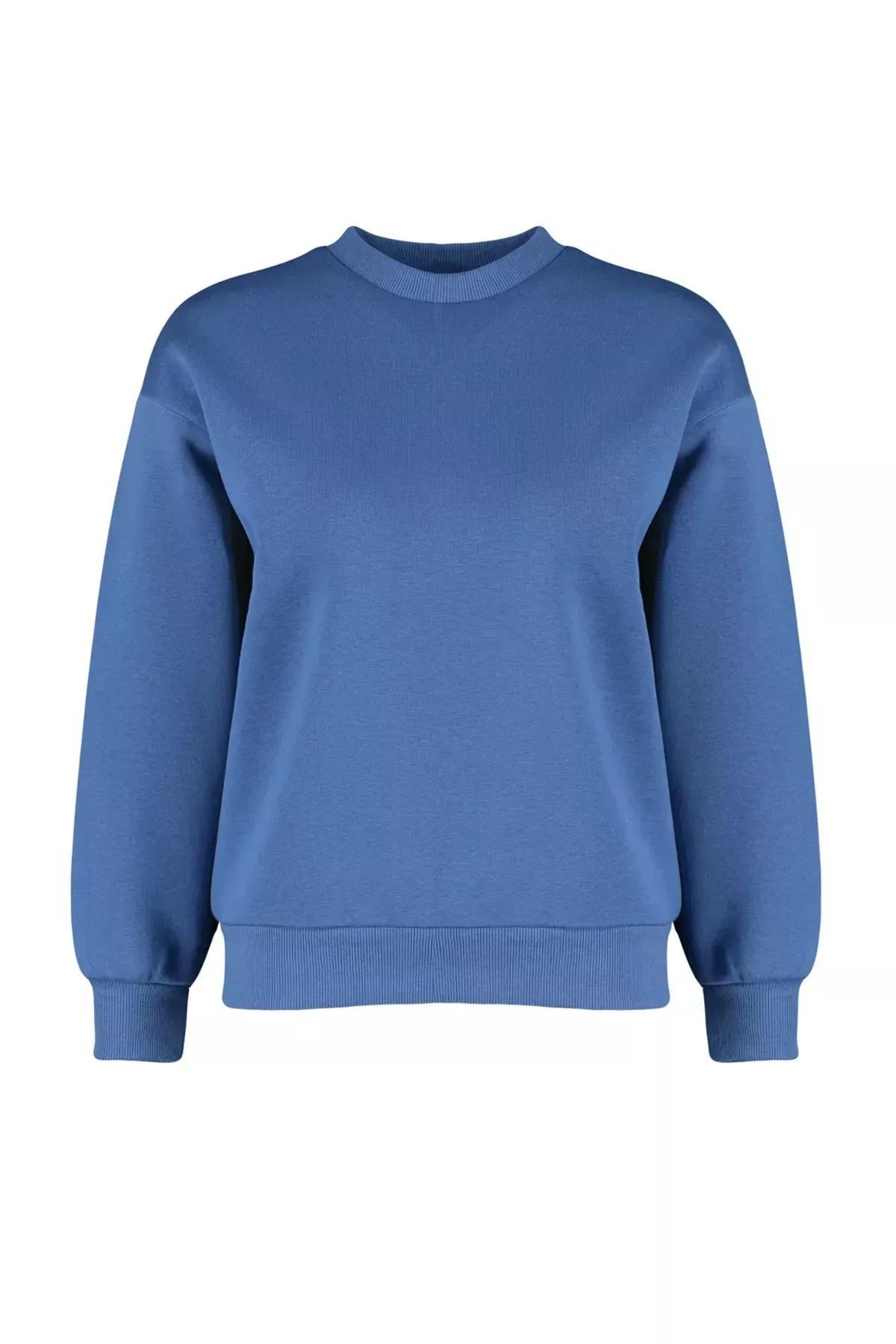 Blue Crew Neck Knitted Sweatshirt, Indigo, large image number 5