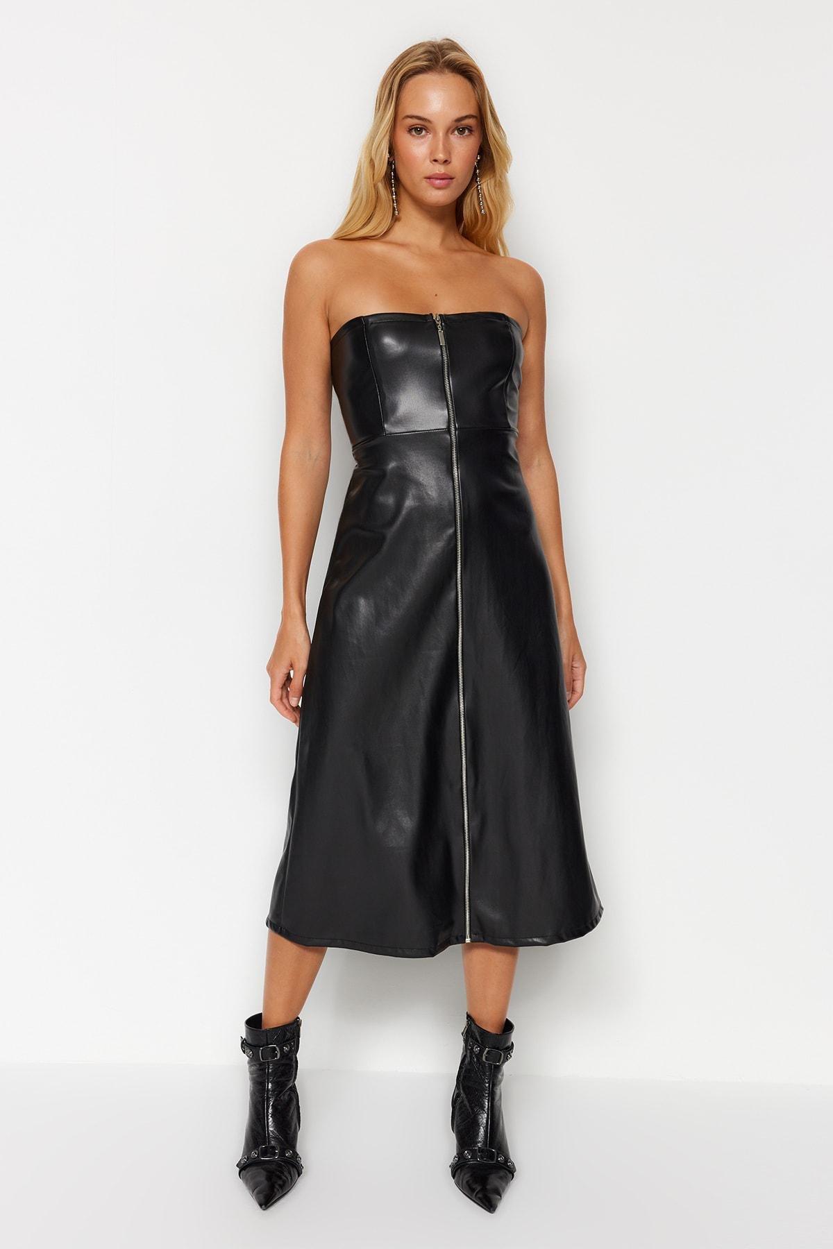 Black Faux Leather Strapless Midi Dress, , large image number 0